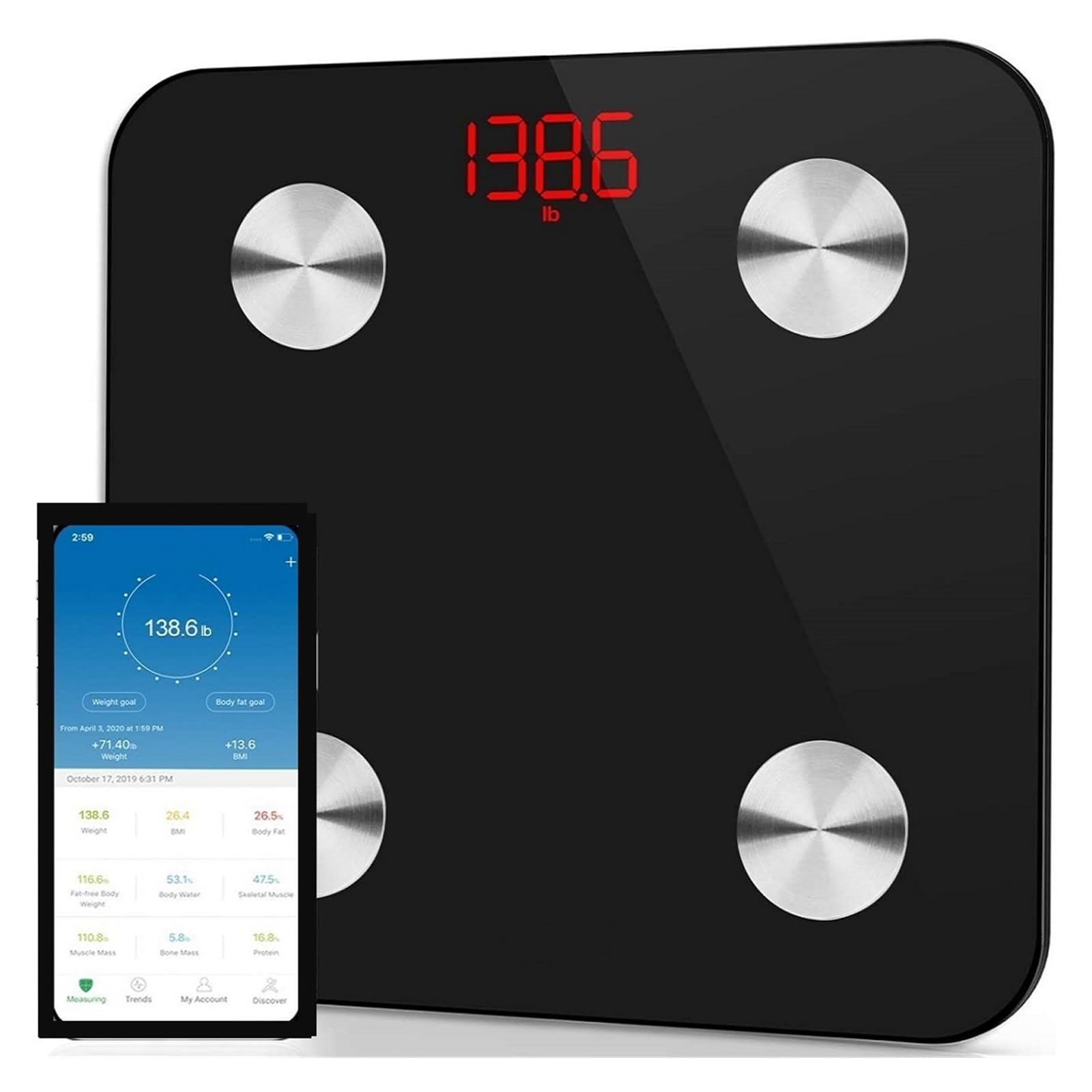 Báscula De Grasa Corporal Peso Compatible Con Bluetooth Medición Doméstica IMC Inteligente Electrónica Preciso FáCil De Leer(Black)