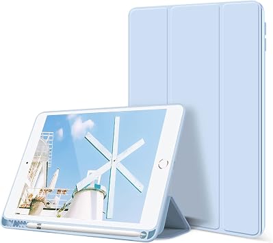 kenke Case for iPad 9th/8th/7th Generation 10.2 inch, Slim Lightweight Trifold Stand Smart Case with Pencil Holder, Auto Sleep/Wake Soft TPU Back Cover for iPad 10.2 2021/2020/2019, Sky Blue