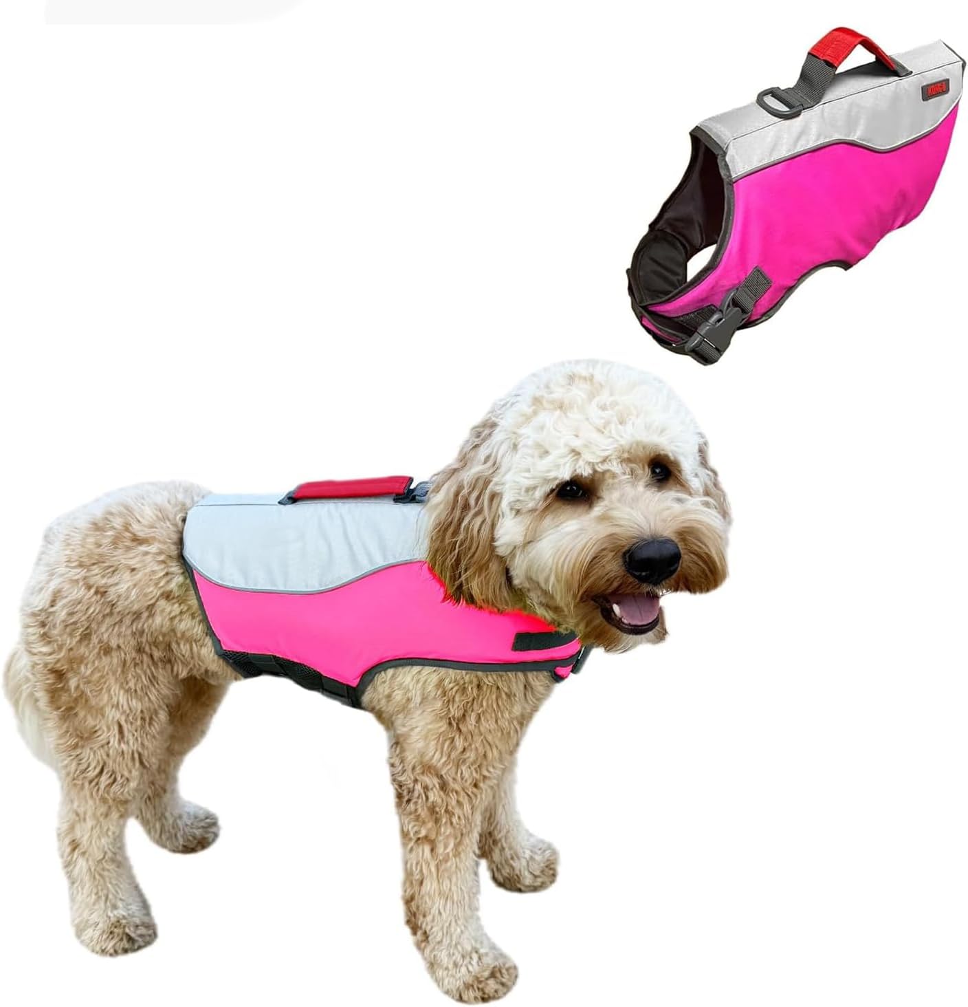 Water Float Dog Flotation Life Jacket Vest, Swimming Float Aid with Safety Handle, Adjustable Comfortable Durable Preserver High Buoyancy Coat (Pink, Large)