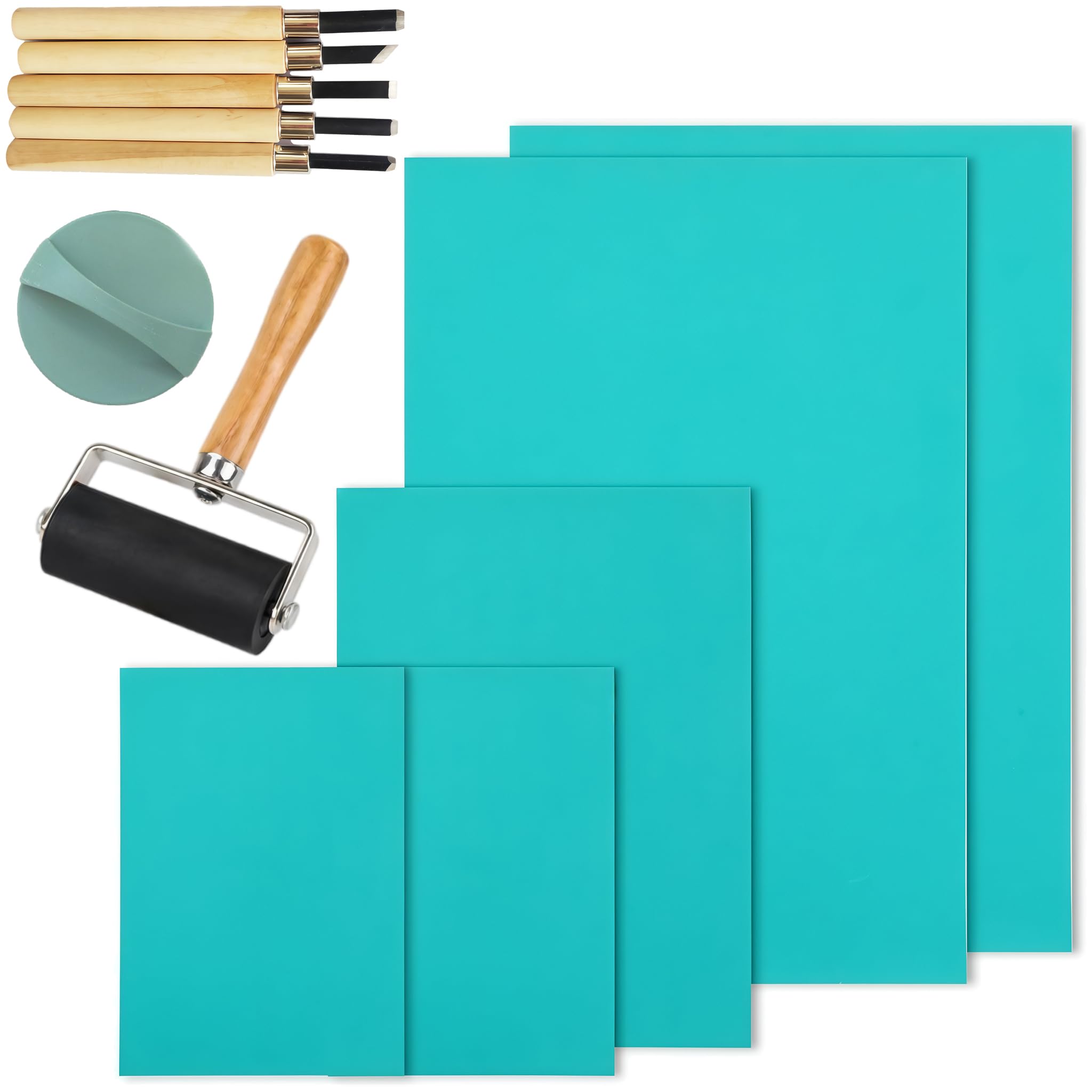 Set di Stampa Linocut - Kit Iniziale in linogravatura da 12 Pezzi con lastre in Linoleum, Carte da tracciamento e Strumenti per francobolli Fai-da-Te, Stampa e Poster artistici