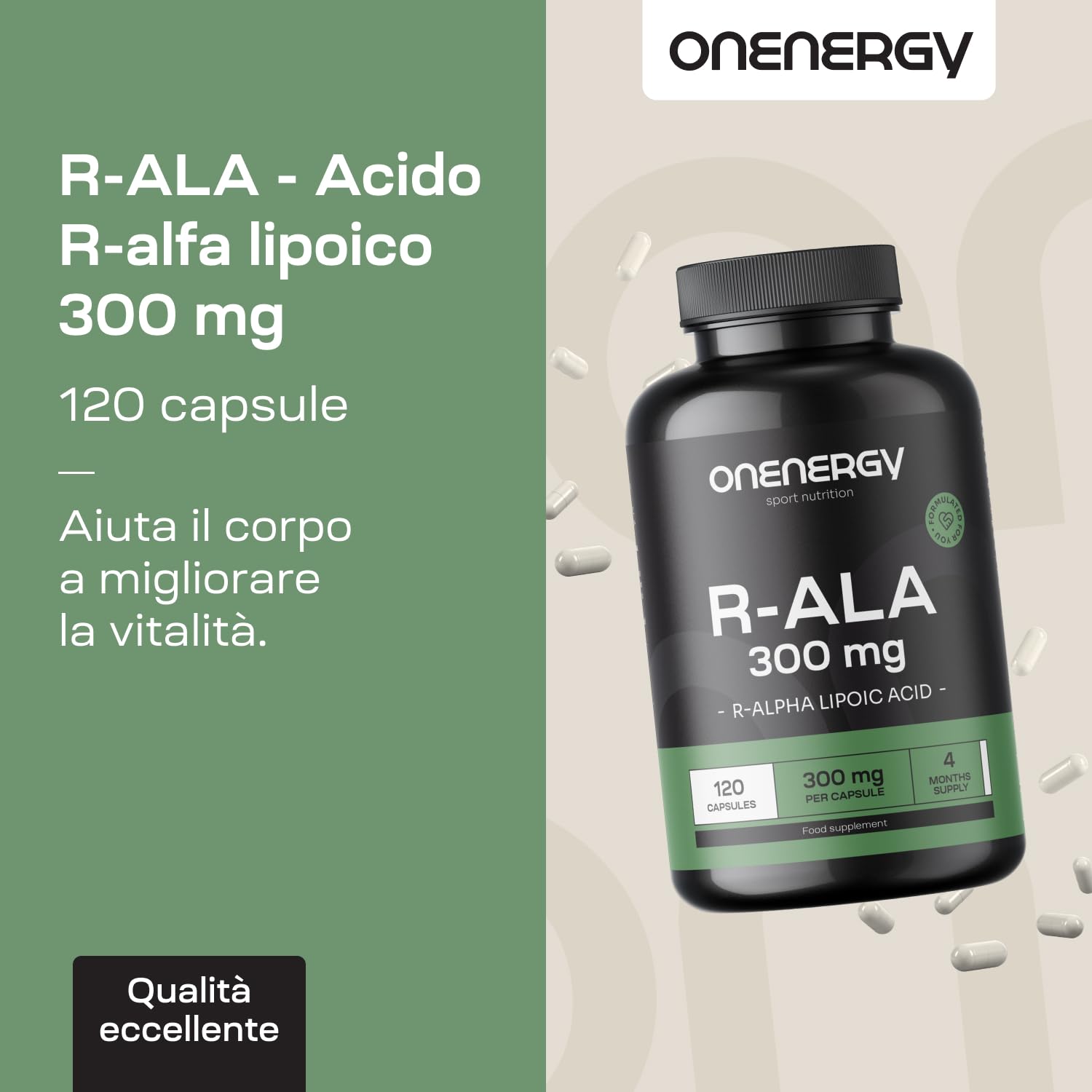 R-ALA - Acido R-alfa Lipoico 300 mg - 120 Capsule Vegetali - Alto Contenuto e Qualità - Potenziamento Energetico - Vitalità - Fornitura per 4 Mesi - Ottimo per Atleti