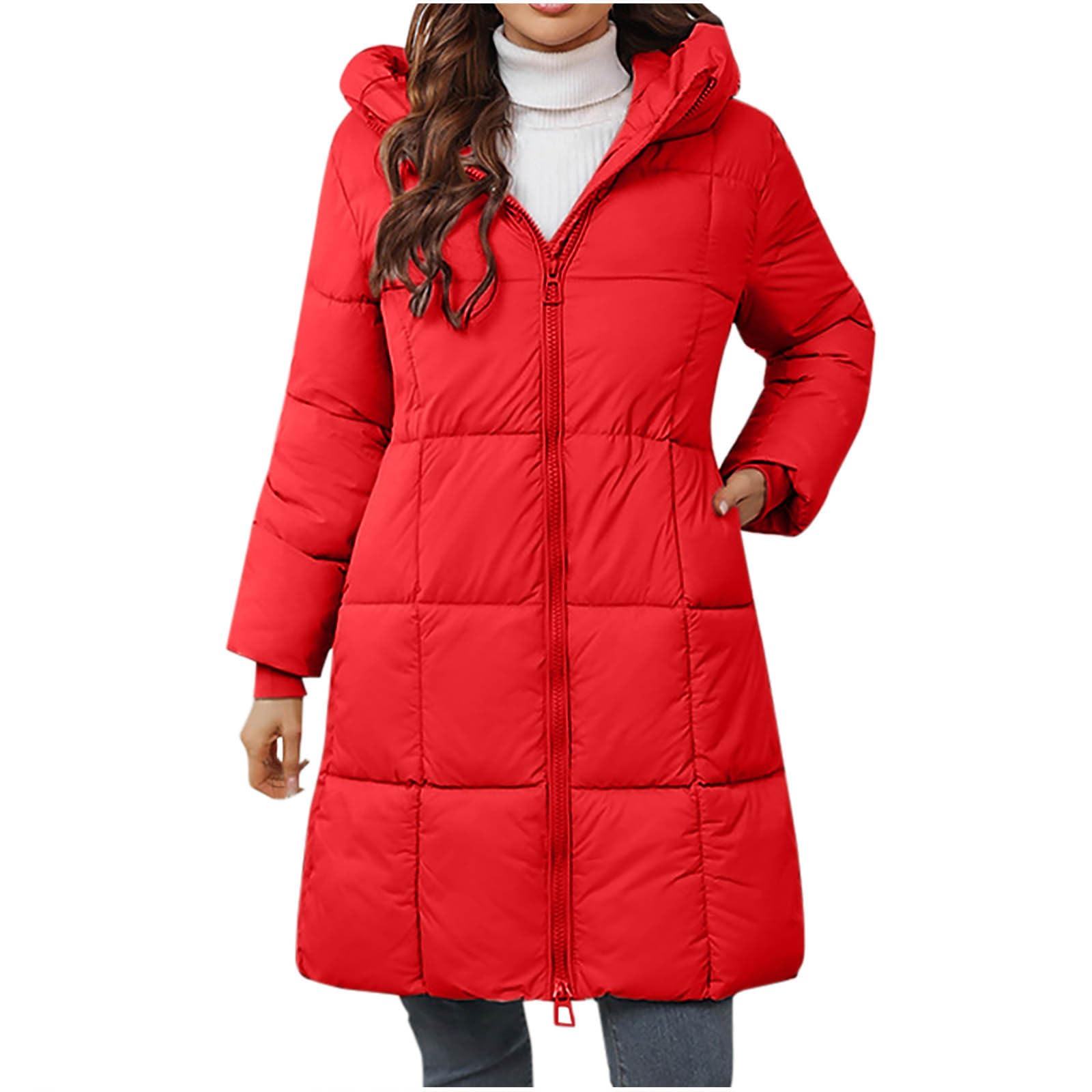 Winterjacke Damen Lang Wintermantel Steppjacke Warmer Daunenjacke Fleecejacke Elegant Parka mit Kapuze Winterparka Einfarbig Hoodie Reißverschluss Jacke Baumwolle Mantel Winddicht Outdoorjacke