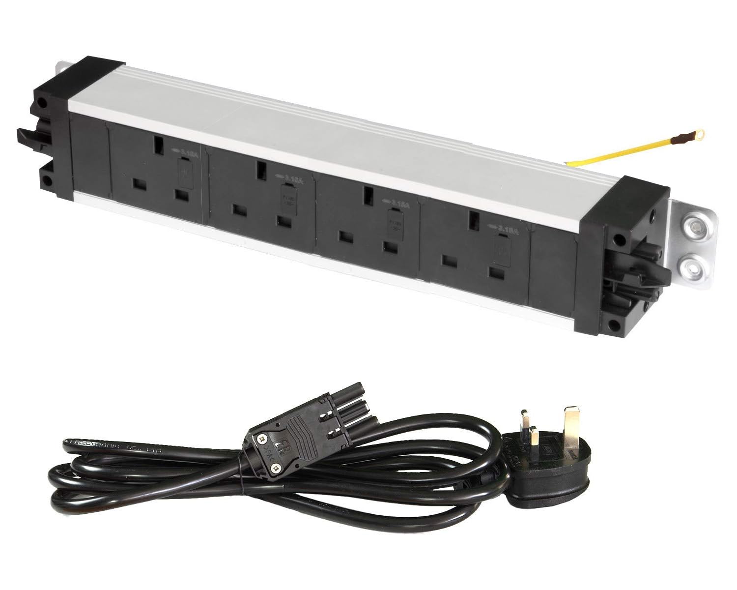 Allcam UP41-series Under-desk power 4 Individually fused sockets, with Office Link male & female ends for daisy-chain, 2m Starter Lead