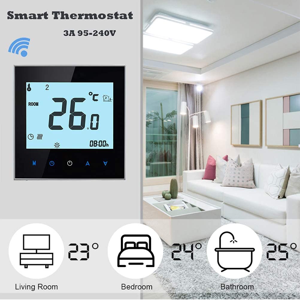 Termostato WiFi calefacción Agua y Suelo Radiante programable 5A | 95-245VAC Regulador de calefacción WiFi con asistentes de voz Alexa y Google Home integrados