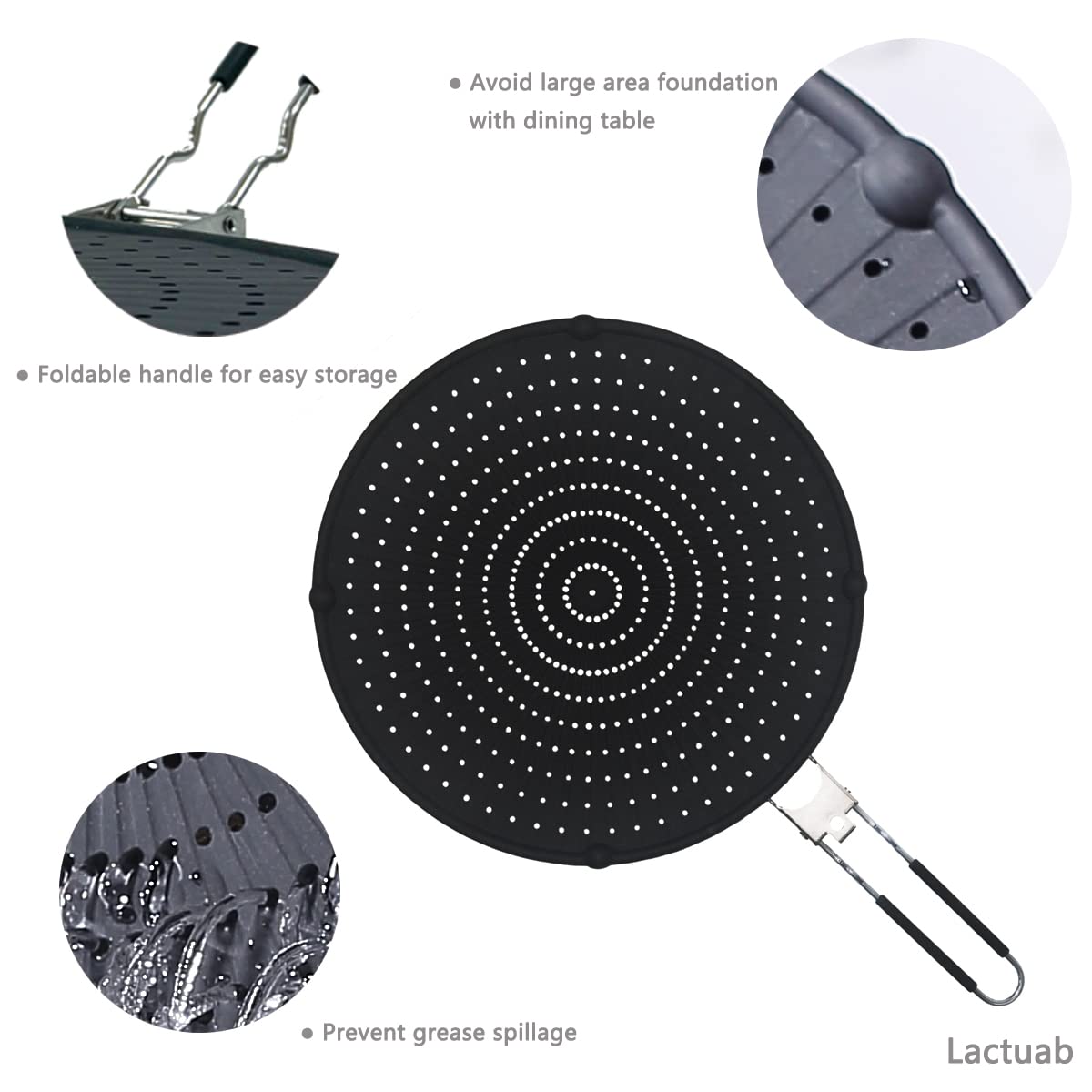 Lactuab 12.5 Inch Folding Silicone Splatter Screen, with Folding Handle, Thermal Oil Splash Proof, Filter, Thermal Insulation Cooling Pad, Splash Protection (Black)