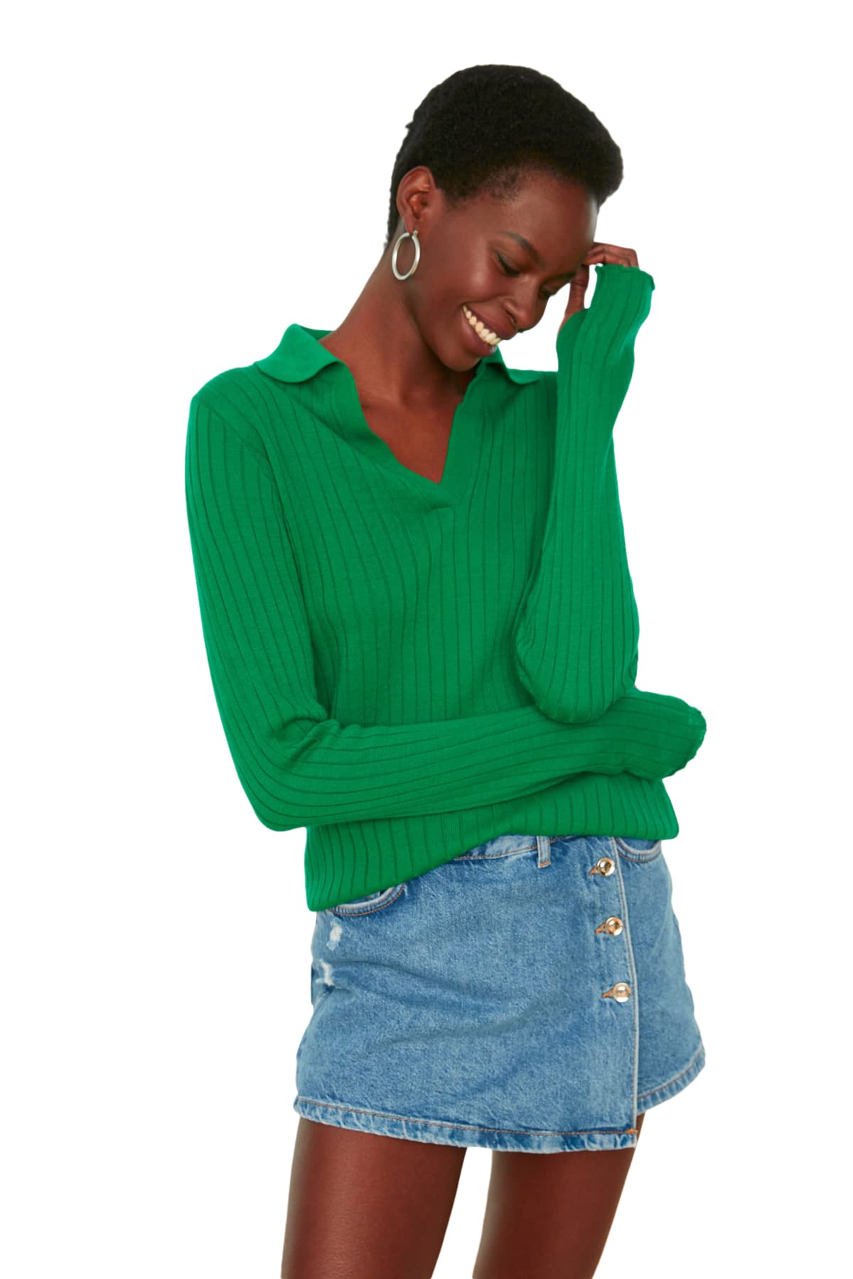 Trendyol Women Slim fit Basic Polo Neck Knitwear Sweater Grün