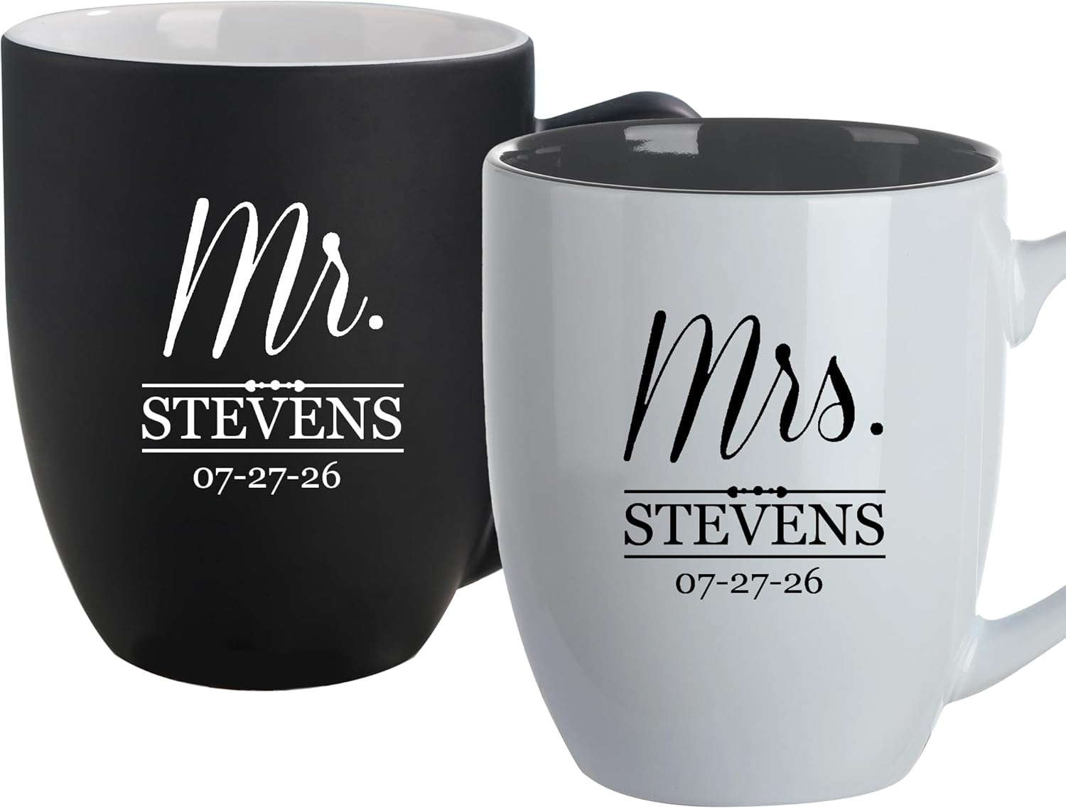 Personalized Mr and Mrs Coffee Mug Set - Custom His Hers Ceramic Couple Mugs - Gift for Bride and Groom, Wedding, Engagement, Anniversary - 16 oz Mr & Mrs Cup