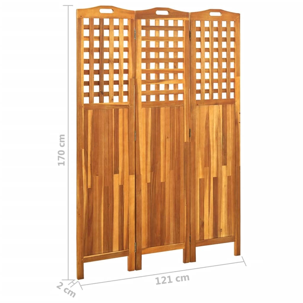 Biombo de madera maciza de acacia de 3 piezas, 121 x 2 x 170 cm, plegable, plegable, independiente, para interior y exterior, privacidad