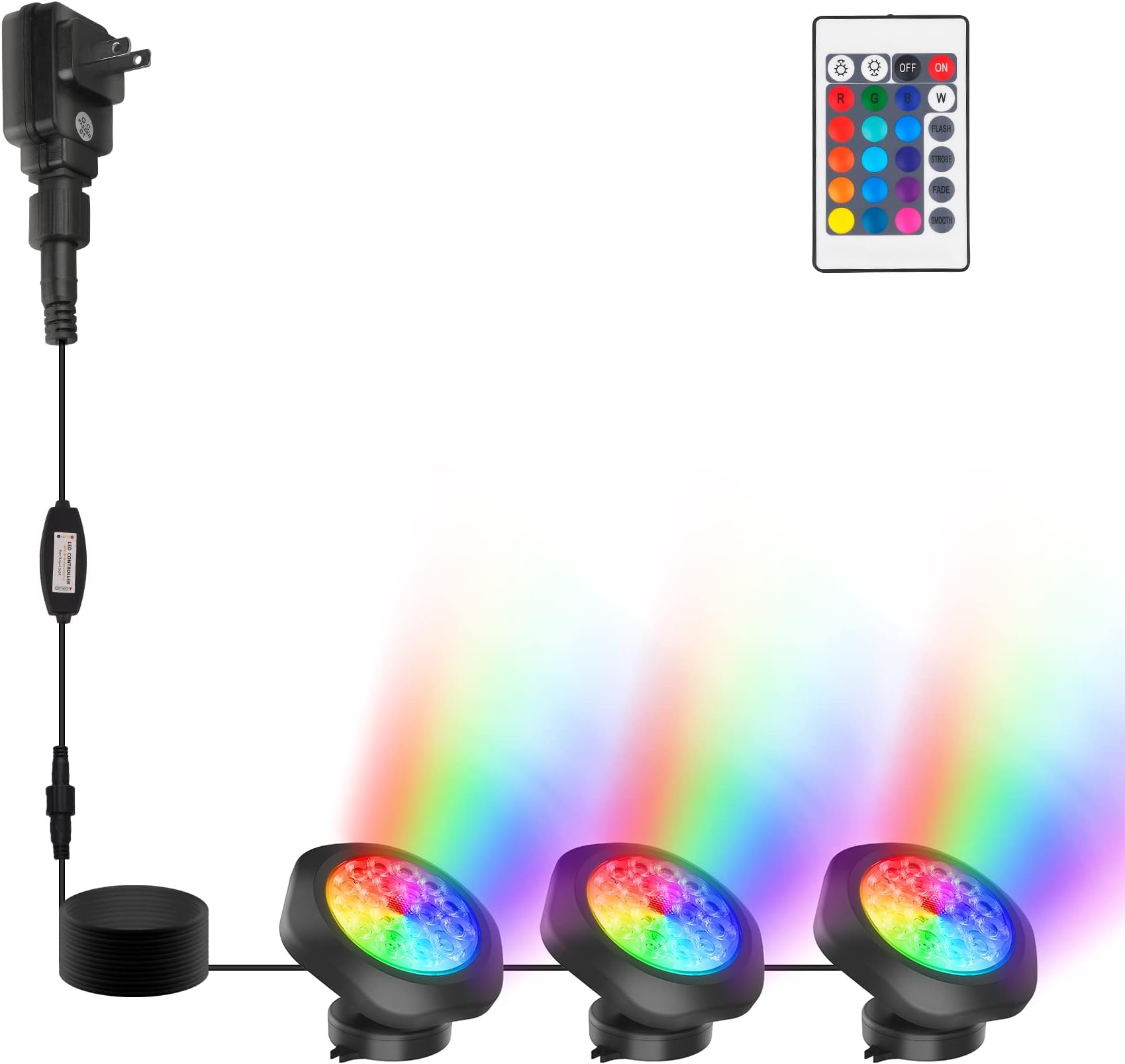 Jebao 3-Pack Submersible LED Pond Lights With Transformer & Color Lenses - Cool White