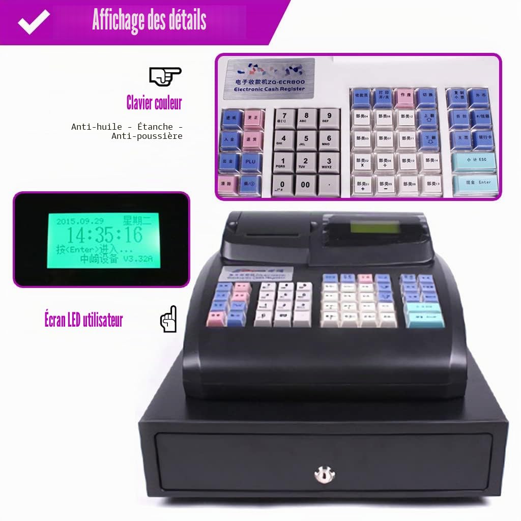 Caisse enregistreuse électronique avec Clavier Plat, Caisse enregistreuse Commerciale à 48 Touches avec Tirelire et imprimante Thermique, pour Centre Commercial,Black