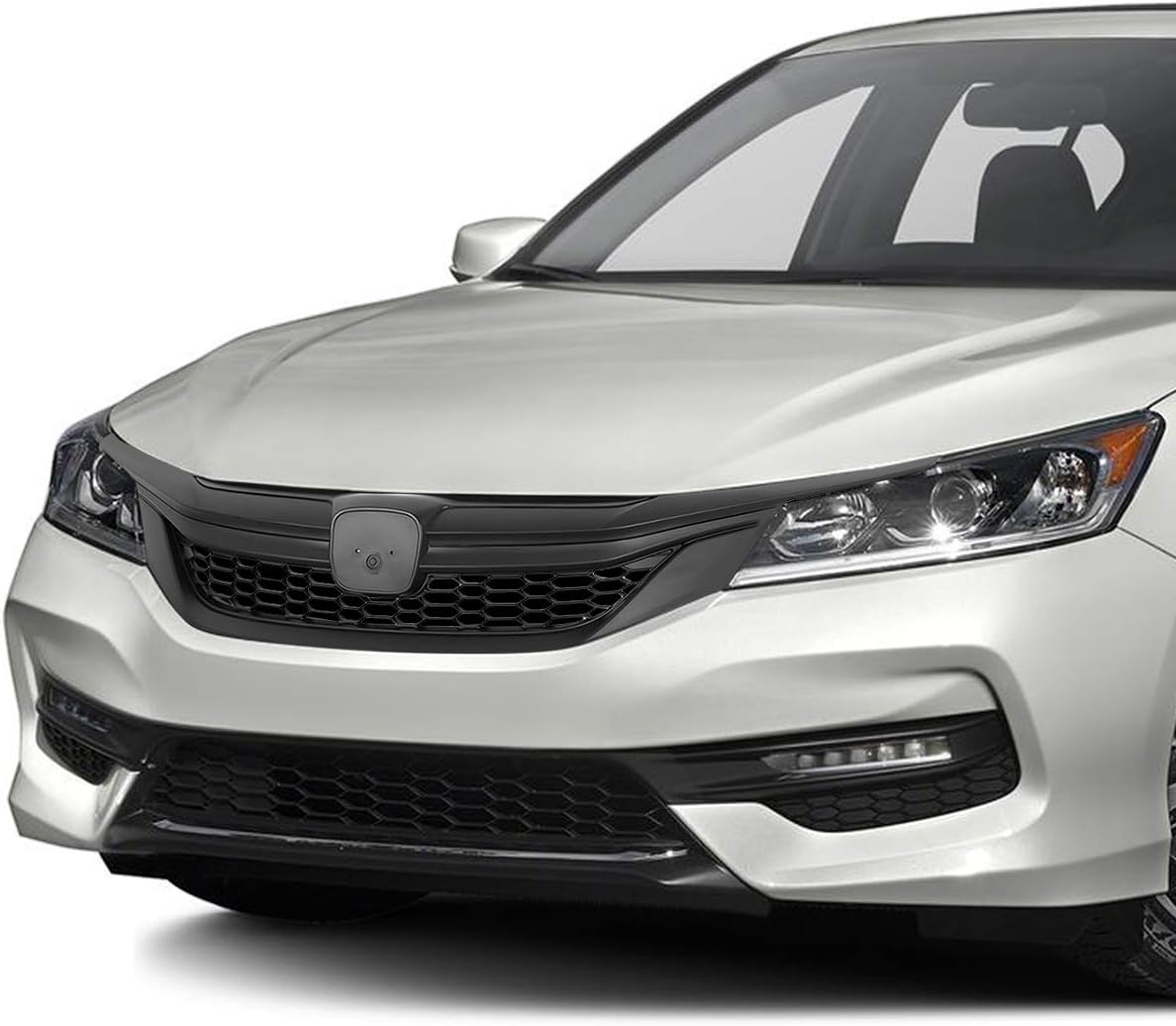 Auto Dynasty Matte Black Honeycomb Mesh Front Bumper Upper Grille Compatible with 16-17 Honda Accord Sedan