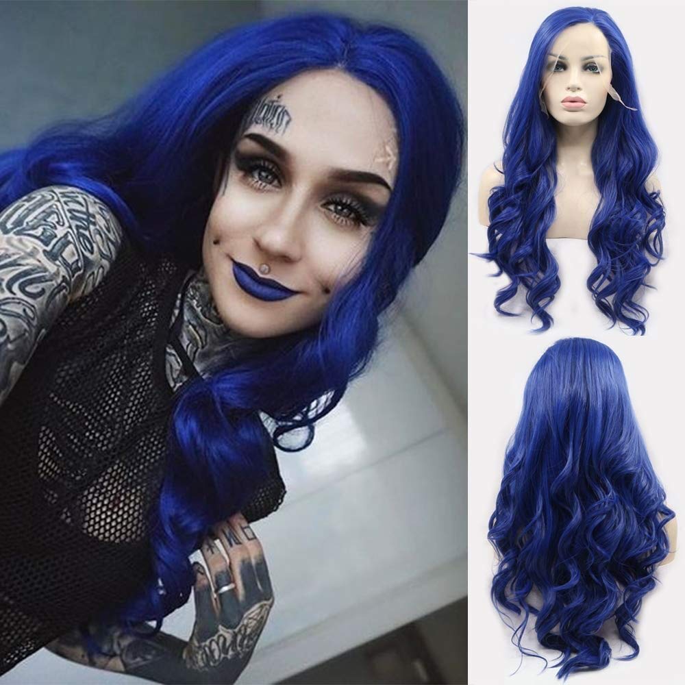 Xiweiya Long Blue Wavy Lace Front Wig - 13x3, Heat Resistant Synthetic Fiber - Mermaid Blue, Natural Hairline - 24 inch - Image 4