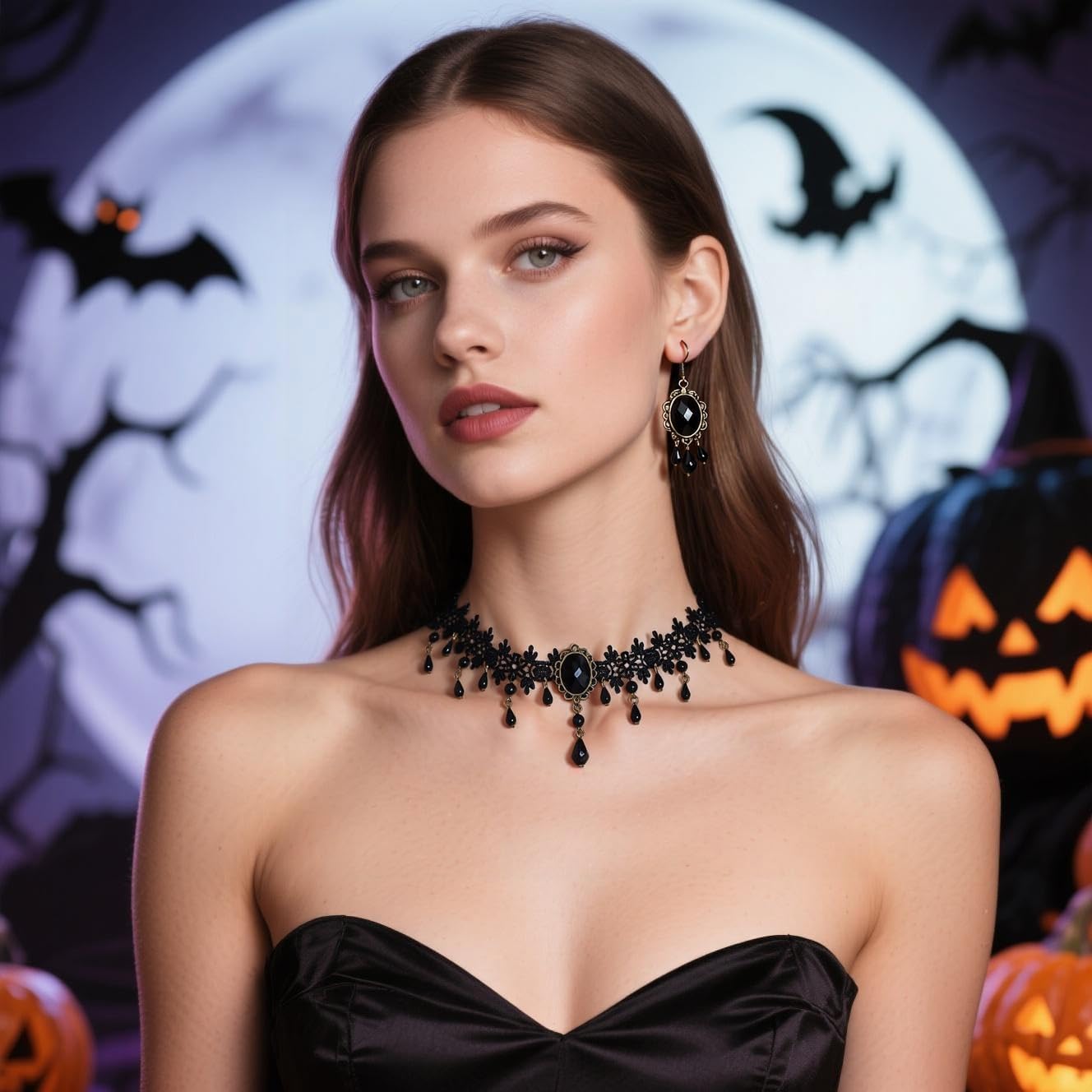 Todenb Goth Black Choker Earrings Set Witch Accessories for Women Black Lace Choker Vintage Velvet Necklace Costume Gothic Vampire Necklaces Halloween Jewelry