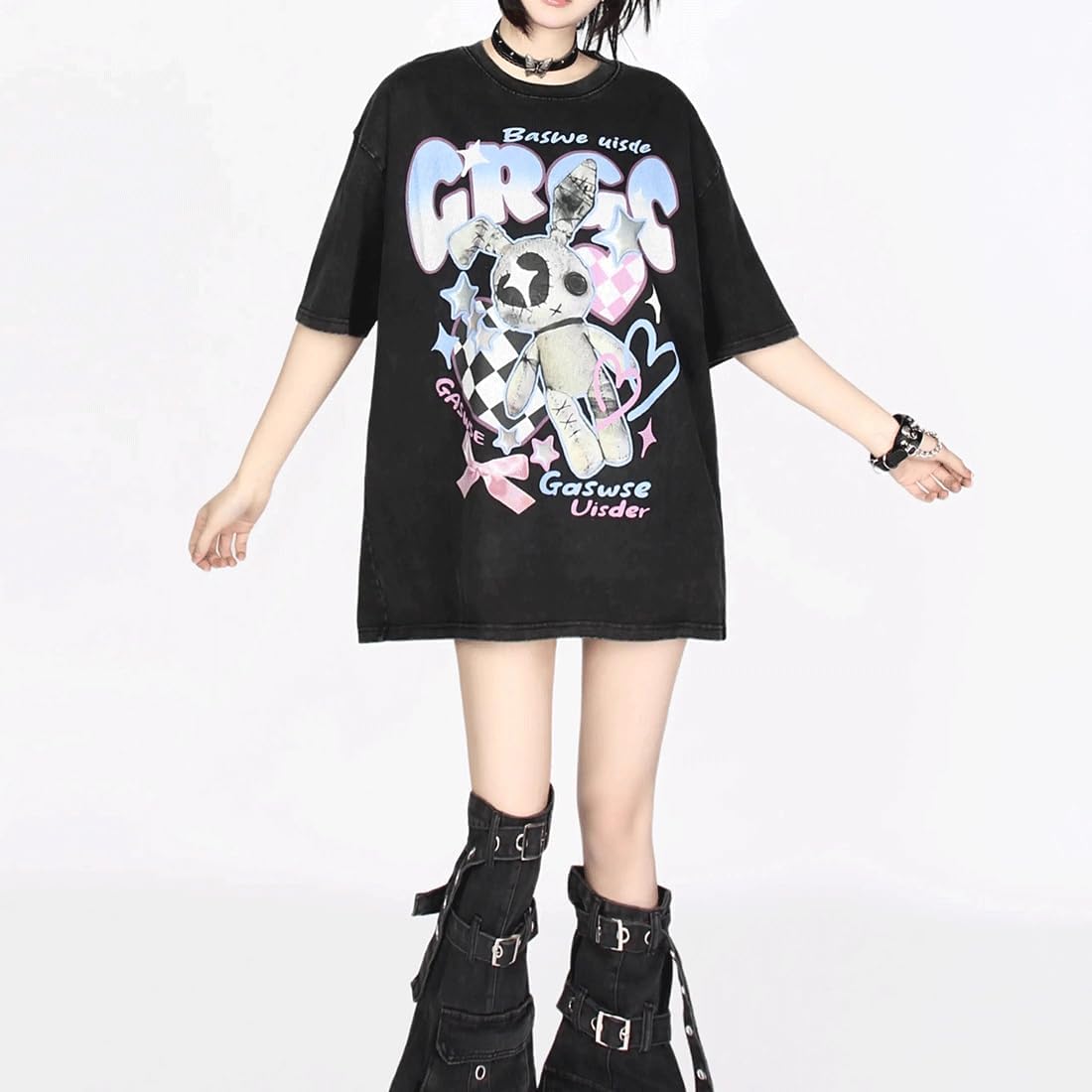 Y2K Harajuku Kawaii Goth Casual Style Soft Short Sleeve Crewneck Cartoon Print Distressed Bunny Toy T-Shirt - Image 4