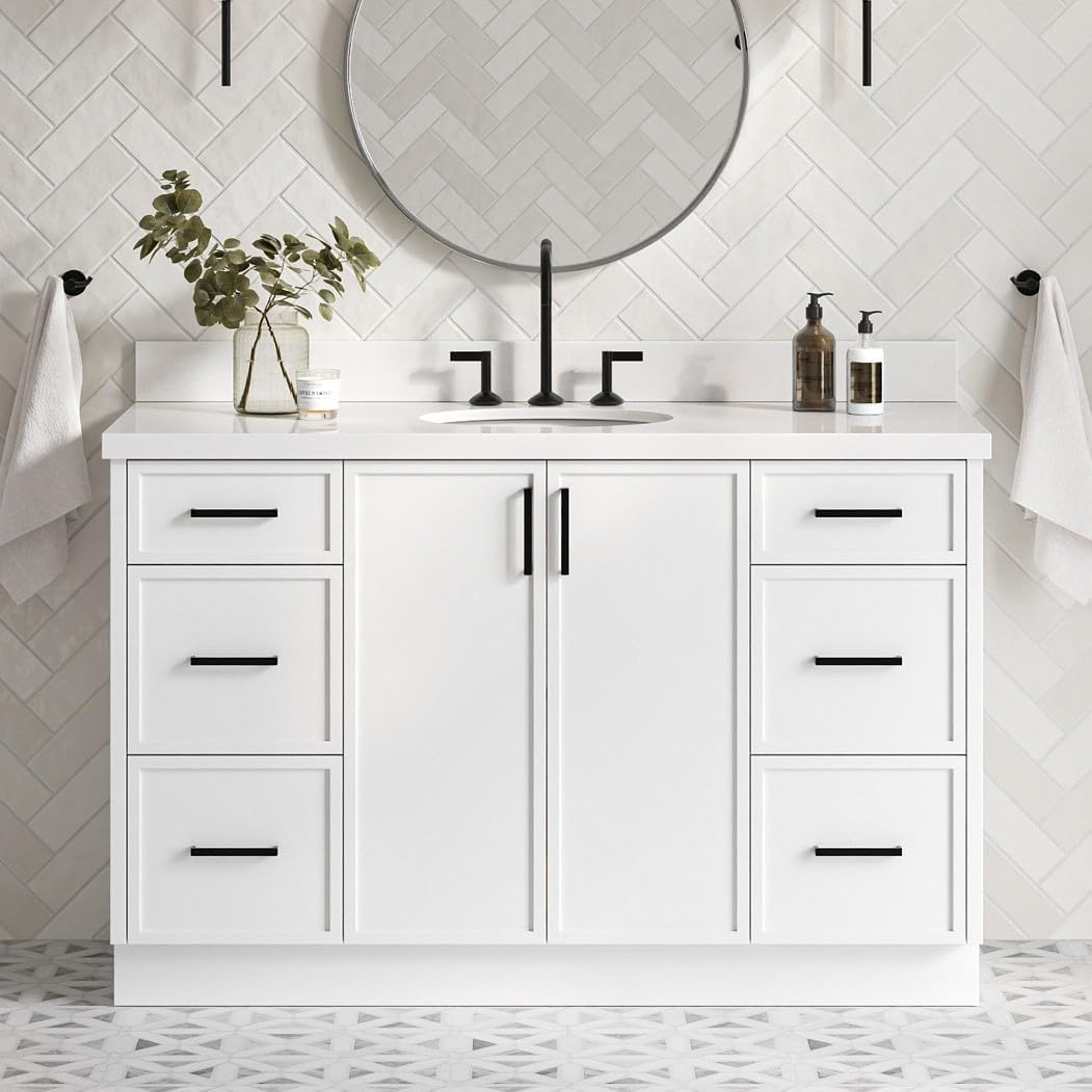ARIEL Kelly 54-inch Bathroom Vanity with Sink,Solid Wood, 1.5-inch Pure White Quartz Countertop & Backsplash, Single Oval Porcelain Sink, 2 Soft Closing Doors, 7 Dovetail Drawers, White