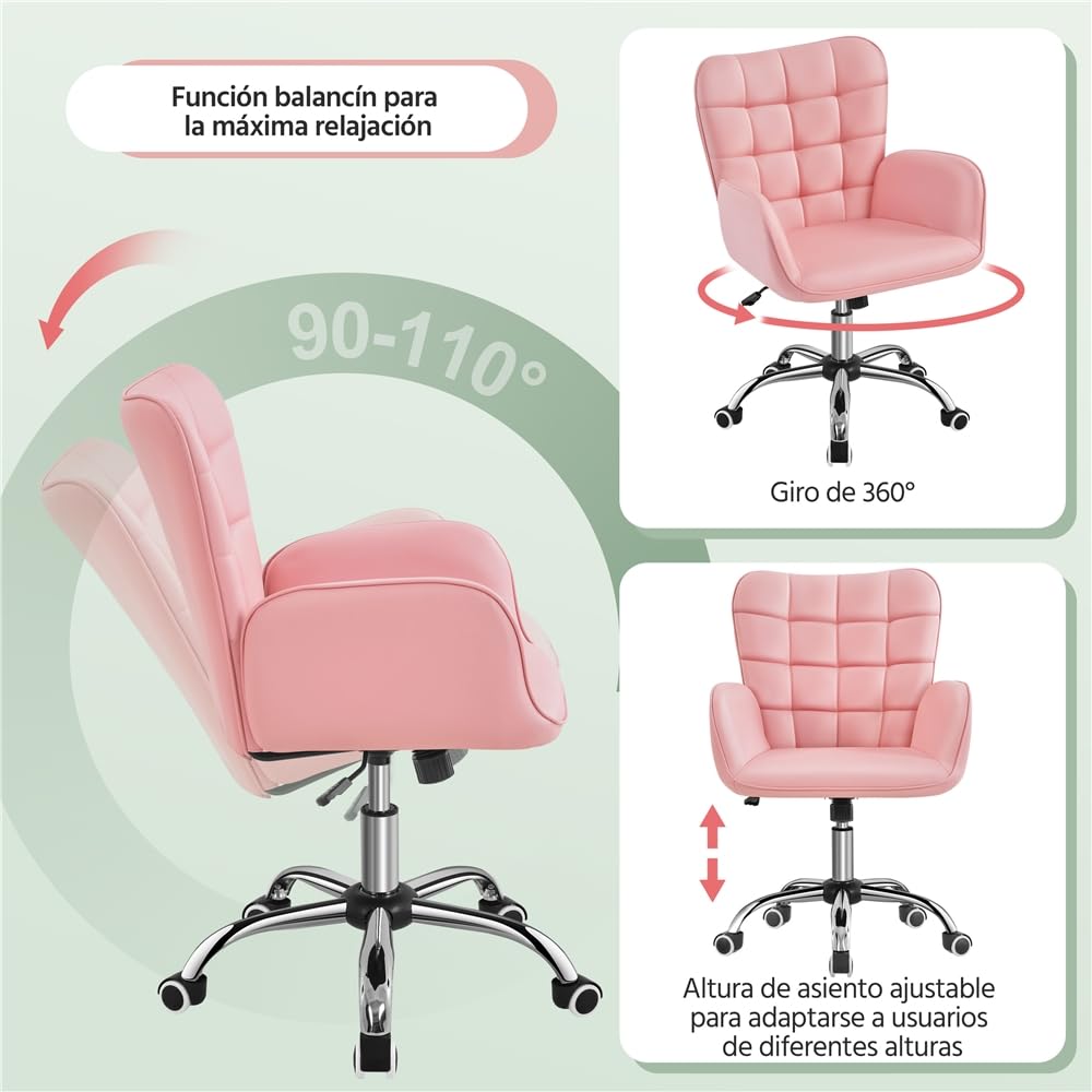 Yaheetech Silla de Oficina Ergonómica Reclinable con Ruedas Rosa