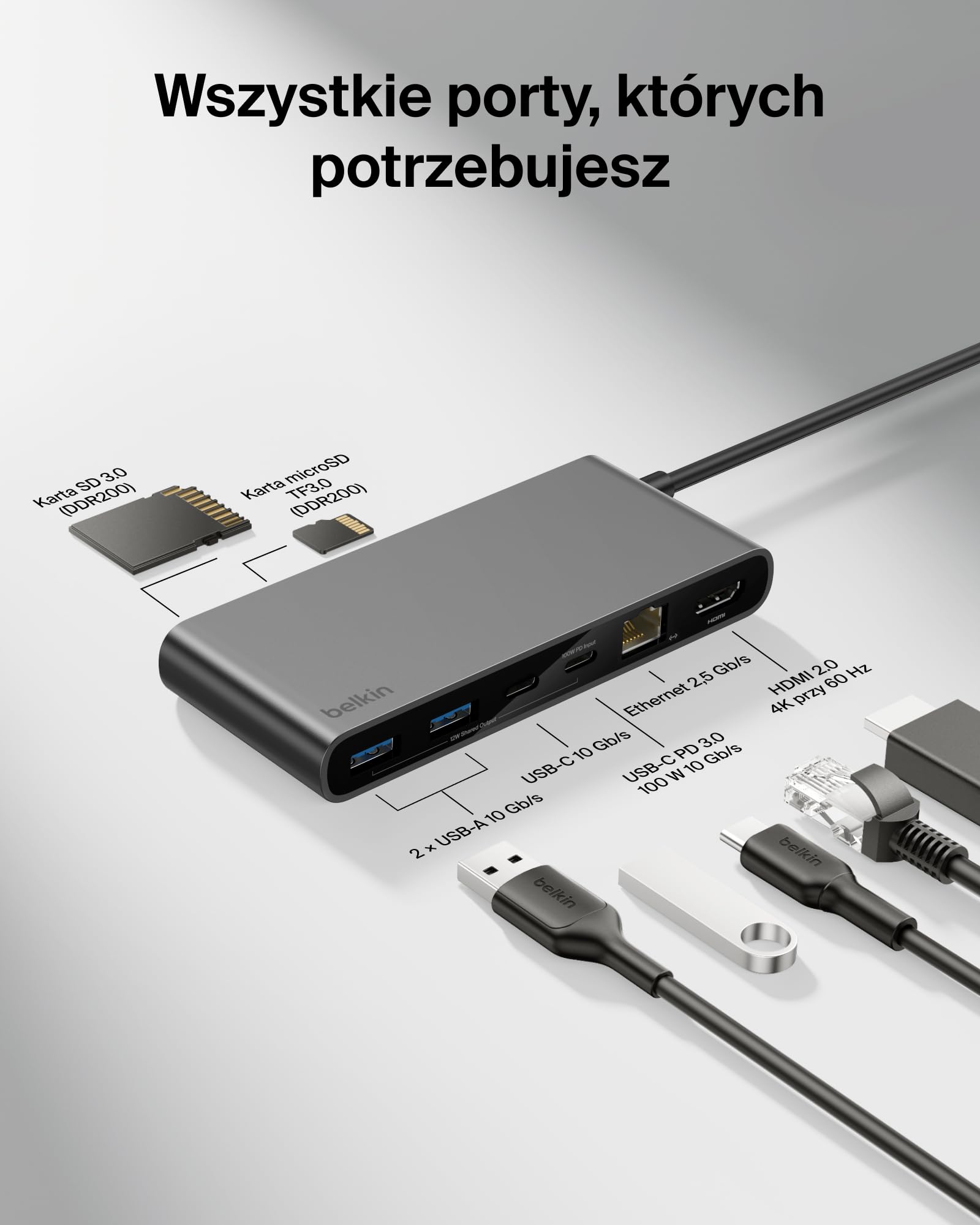 Belkin Connect 8-portowy USB C Hub, Obsługa Wyświetlaczy do 4K przy 60 Hz – Działa z Urządzeniami Mac, Windows i Chromebook – 100 W PD, Transmisja Danych 10 Gb/s, Ethernet 2,5 Gb/s – Szary