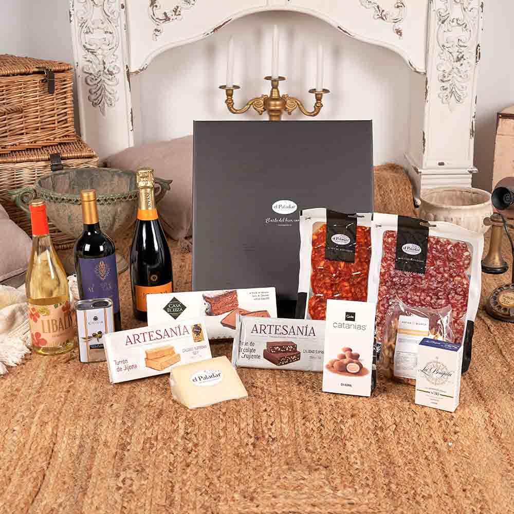 Lotes Cestas Y Regalos - Lote Empresa 110-25 / con cava reserva, vinos tinto y blanco, ibéricos, queso curado, conservas premium y dulces artesanos en caja negra regalo