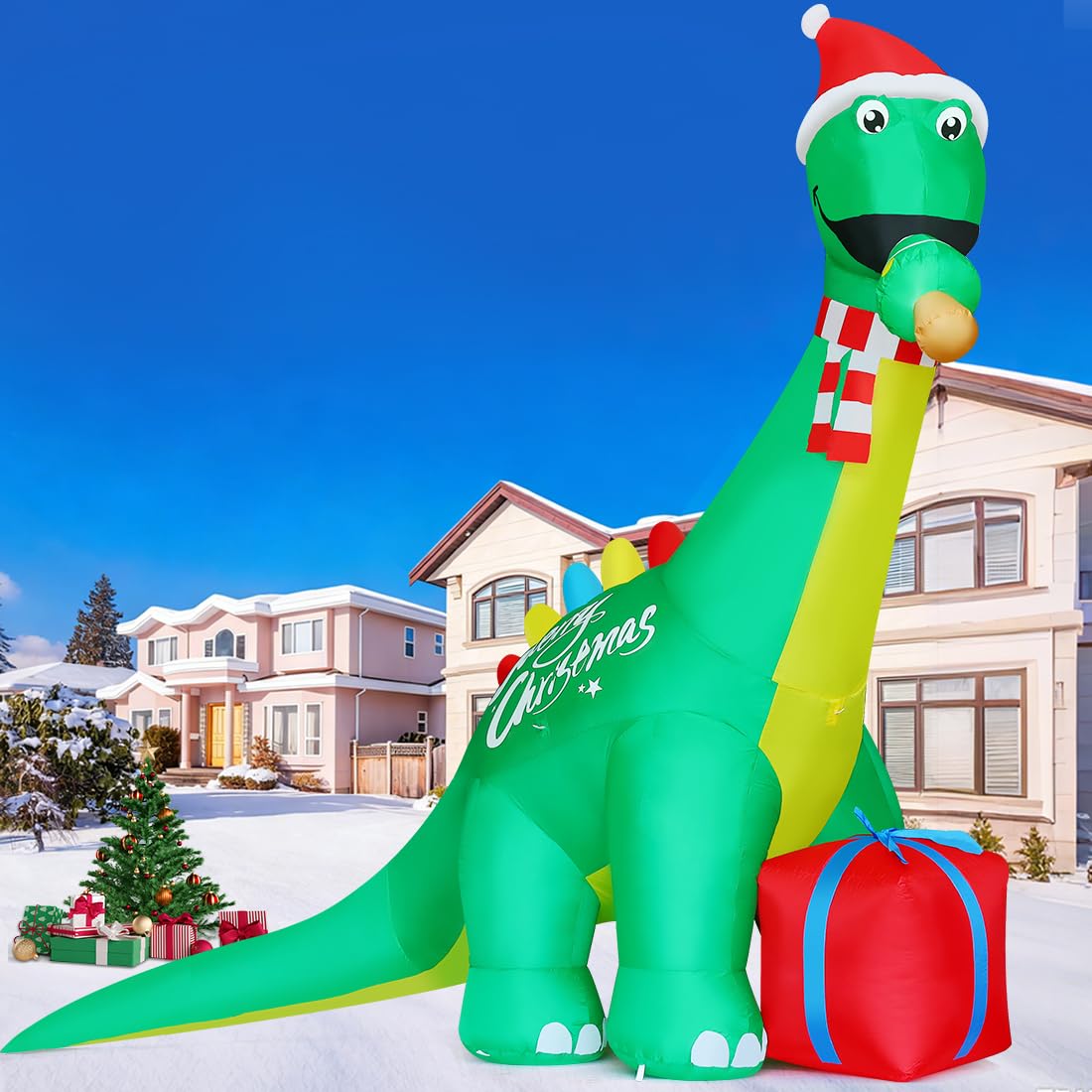 GOOSH Boże Narodzenie nadmuchiwane dinozaur dekoracje zewnętrzne wysadzane podwórko olbrzymi zielony dinozaur i czerwone pudełko prezentowe z wbudowanymi diodami LED na imprezę podwórko ogród trawnik