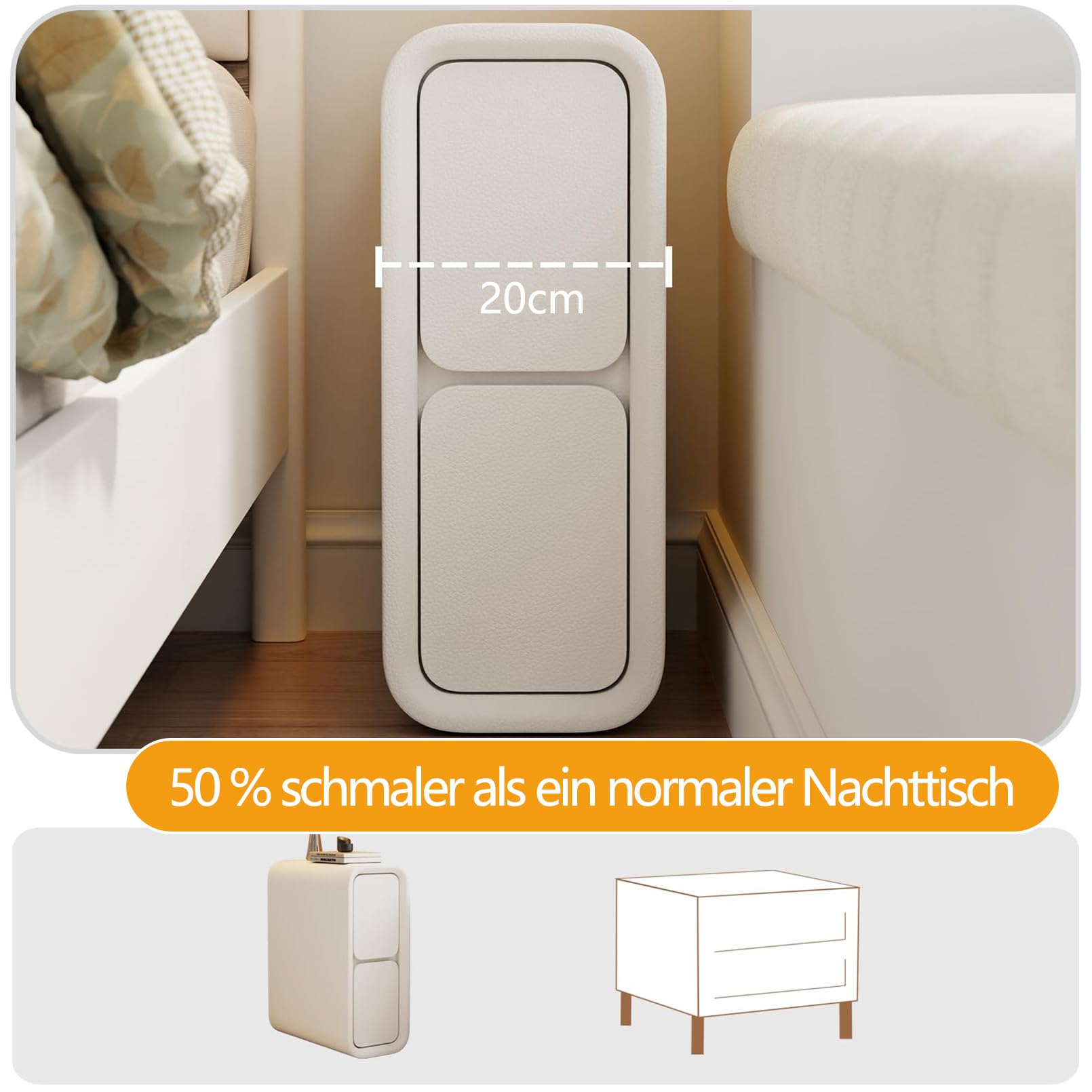 Nachttisch Schmal Weiß Mit 2 Schubladen 20 cm Breit Leder Nachtschrank