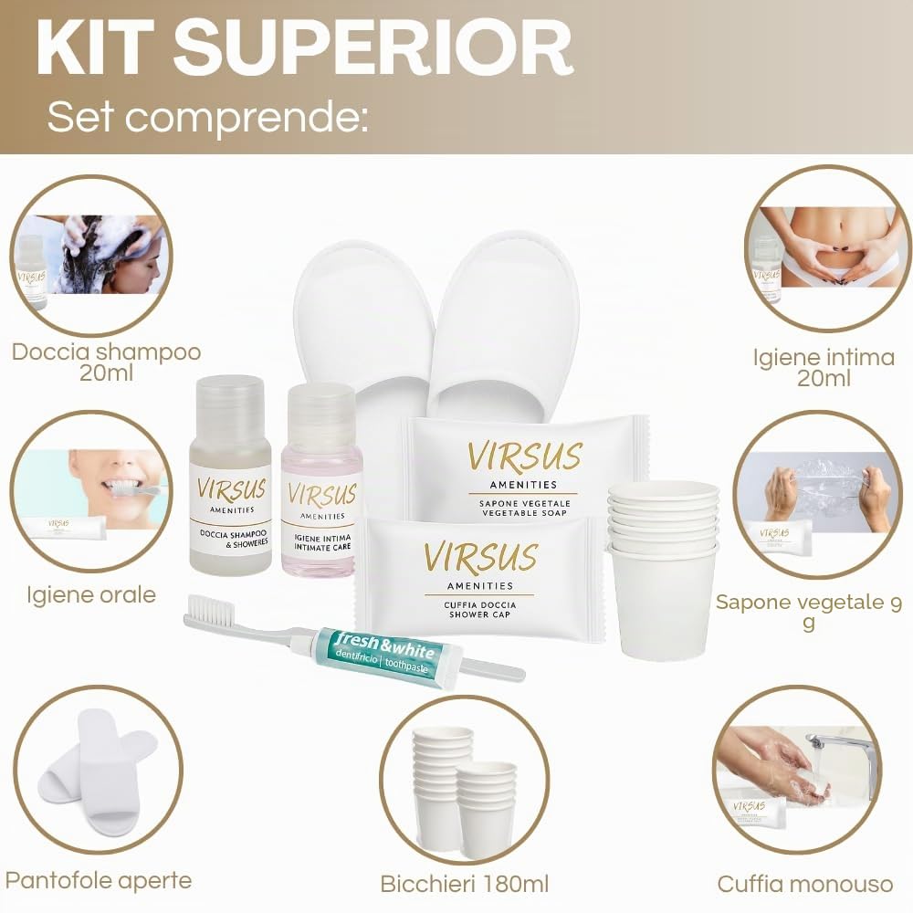 Virsus 290 Pezzi Kit Cortesia SUPERIOR: 50 Flaconi Igiene intima 20ml, 50 Flaconi Doccia Shampoo 20ml, 50 cuffie, 50 Saponette, 50 Bicchieri Imbustati, 20 Paia Pantofole, 20 Set Denti, Linea cortesia