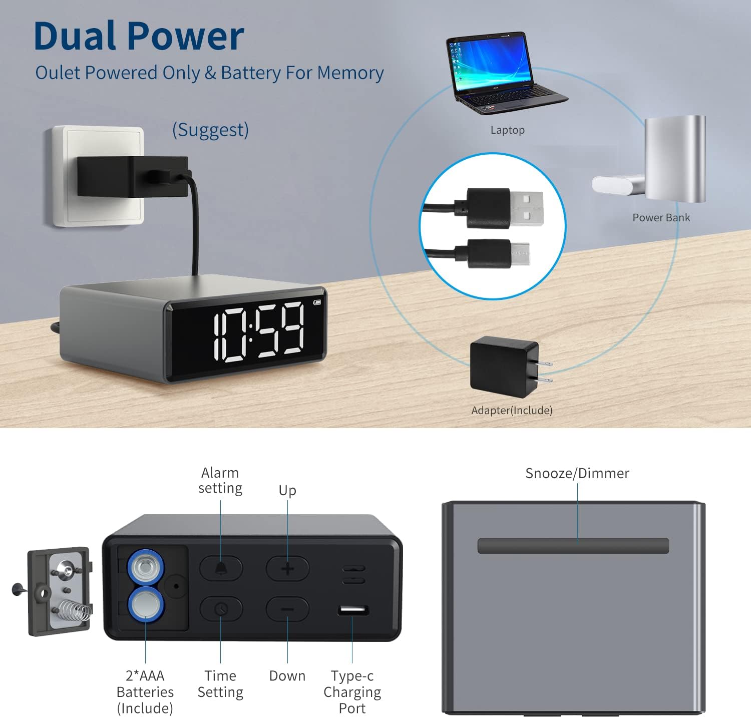 NOKLEAD Alarm Clock showing four levels of display brightness