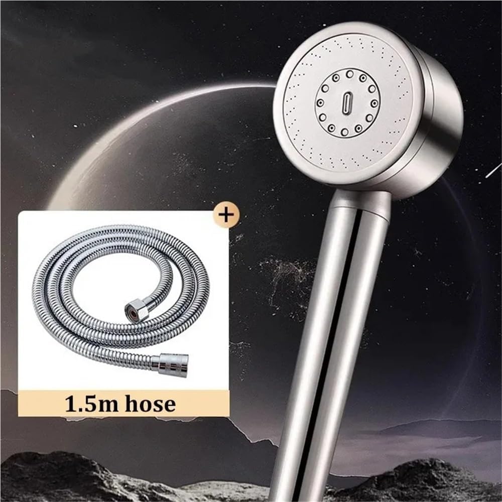 304 Stainless Steel Handheld Shower Nozzle Filter Booster Large Water Volume Household Universal Shower Head Set(Silver-1.5m hose)