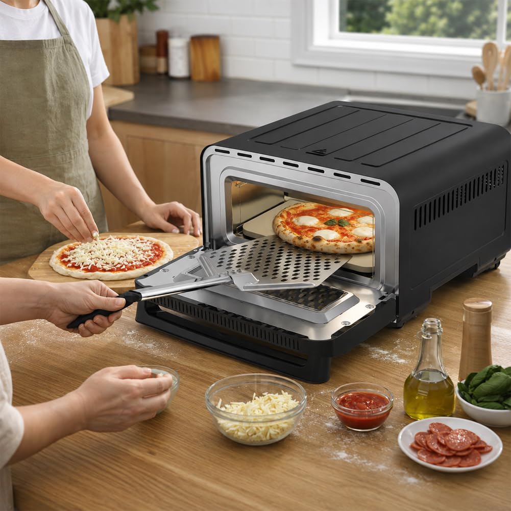 BAKAJI Forno Elettrico per Pizza Potenza 2200Watt, Pietra Refrattaria da 32 cm, Cottura in 3 Minuti, Calore Omogeneo 360°, Pizza Maker con Timer Regolabile, Temperatura 150-430°C, Nero