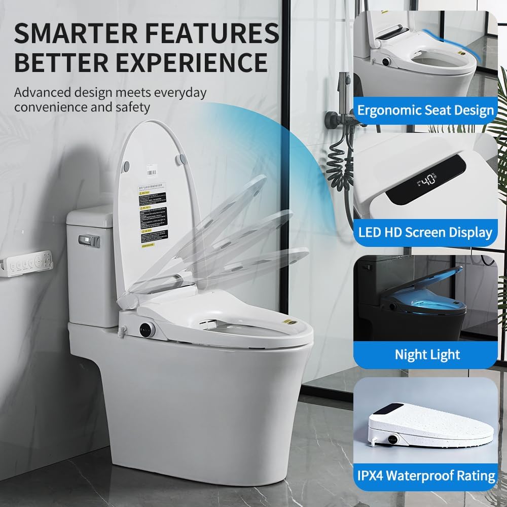 Heated Bidet Toilet Seat Elongated with LED Display & Remote Control - Smart Soft Close Toilet Seat Electric Bidet with Dryer, Warm Water, Feminine Wash, Self-Cleaning Nozzle, IPX4, White