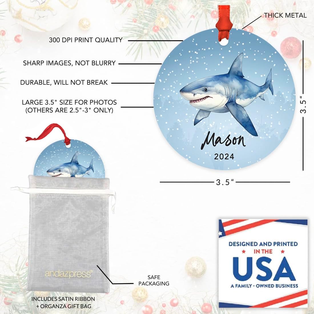 Andaz Press 3.5" Metal Personalized Shark Ornament 2026, Blue Shark Design, Custom Shark Ornaments for Christmas Tree, Customized Shark Christmas Ornament for Kids, Shark Lovers, Marine Life - Image 2