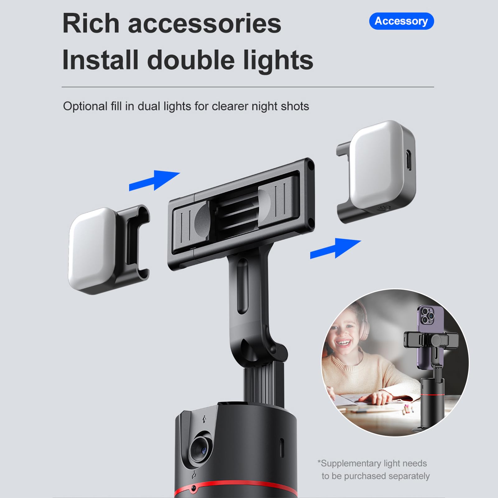 Andoer Trípode de seguimiento facial de coche, soporte para teléfono móvil inteligente con seguimiento de movimiento, rotación de 360°, clip para teléfono, tornillo de 1/4 pulgadas para vlog