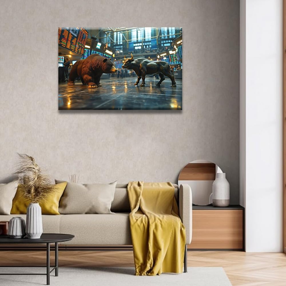 LSIUHWUWI Bull and Bear Canvas Wall Art, Bear Canvas Wall Decor, Bull Pictures Wall Decor, Bear and A Bull Statue Stand in a Stock Exchange Wall Art,Office Wall Art, Wall Decor 24x36 Inch