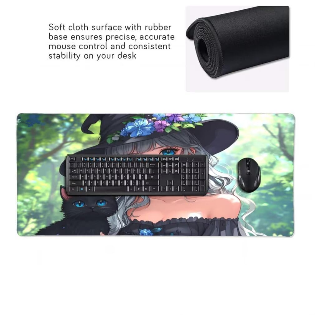 Tappetino Mouse XXL 1000x500mm Anime Grande Mouse Pad, Tappetino Scrivania Grande Mousepad Gaming con Bordi Cuciti, Tappeto Scrivania con Base Antiscivolo per Ufficio e Casa (Gatto Fata) -MP1566