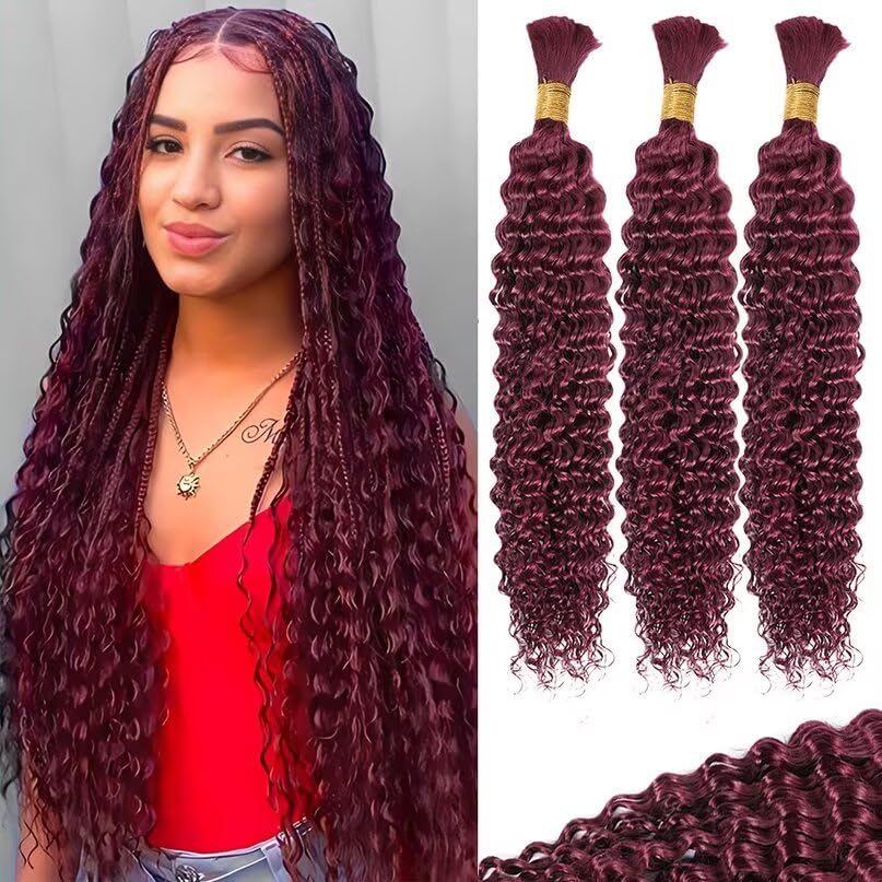12A 99J Burgundy Red Human Braiding Hair for Boho Braids 3 Bundles 18 Inch 100g Deep Wave Braiding Hair for Bohemian Knotless Braids 100% Unprocessed Brazilian Virgin Bulk Hair Extensions No Weft