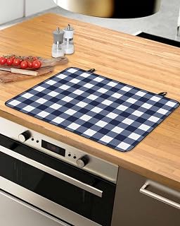 Navy Blue Check Stove Top Covers for Electric Stove, Decorative Gas Stovetop Cover Heatresistant Glass Cooktop Protector Farmhouse Buffalo Plaid Blue Dish Drying Mat for Kitchen Counter 28"x20"