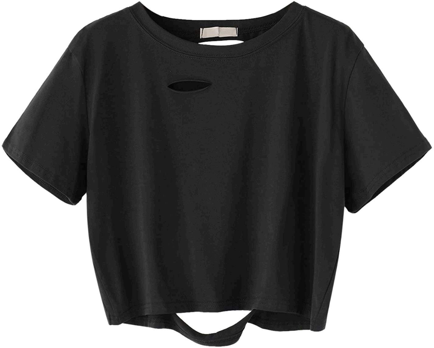 SweatyRocksWomen's Summer Short Sleeve Tee Distressed Ripped Crop T-Shirt Tops