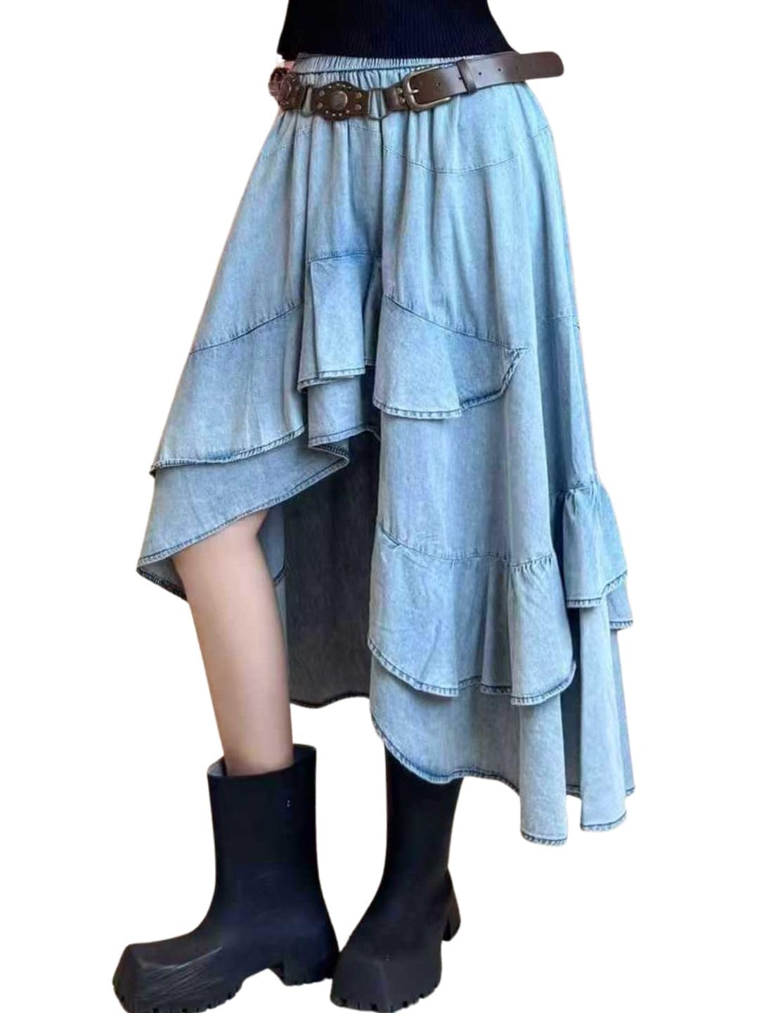 chouyatou Womens Y2K Irregular Ruffle Hem Denim Skirt Elastic Waist Split Thigh Midi Jean Tiered Skirt