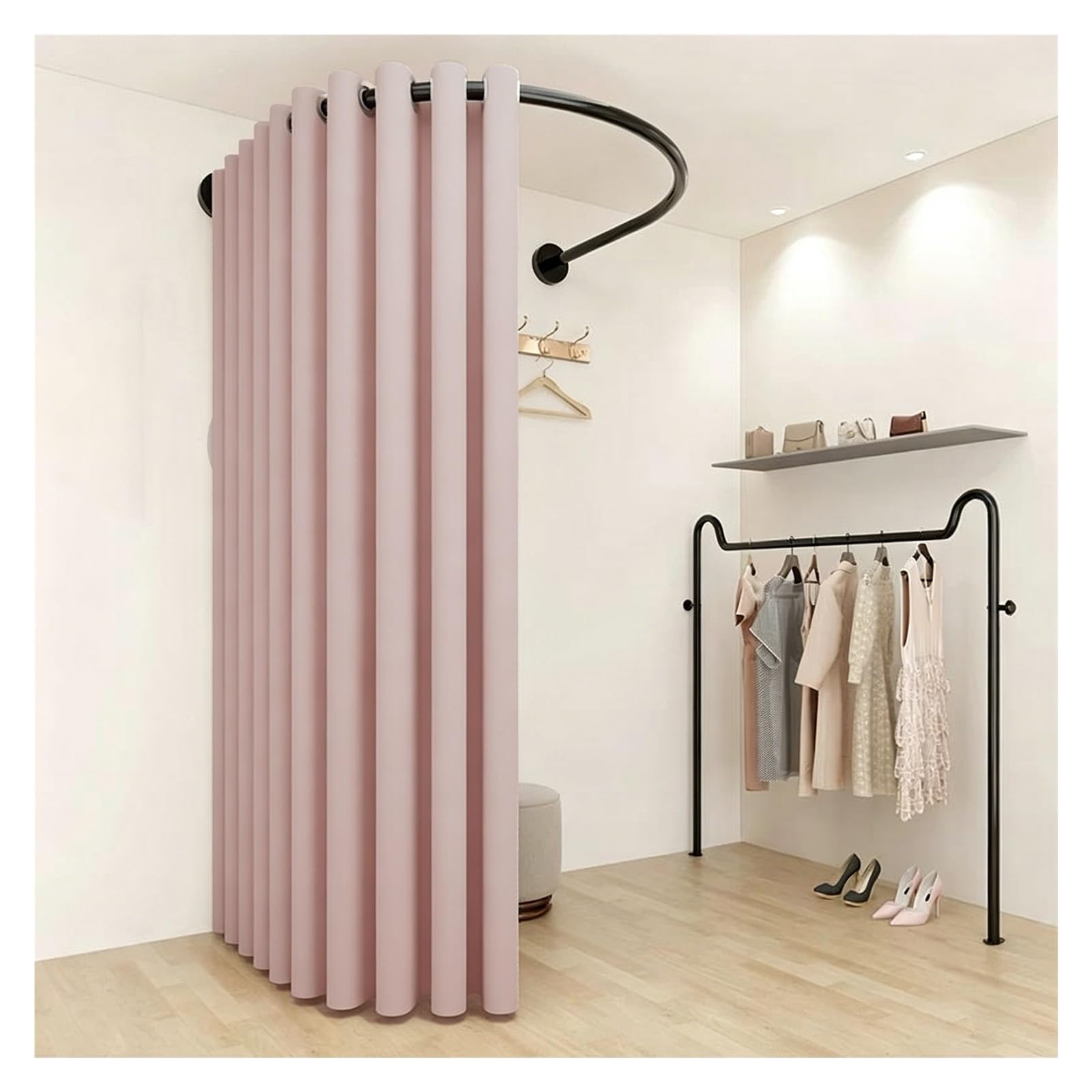 ZJKXJH Boutique Fitting Room Partition Curtain Rod, Wall Mount U Shaped Heavy Duty Curved Rail for Clothing Store, Privacy Partition Curtain Rod(With D Curtains,Black Rod 140cm/55.1in)