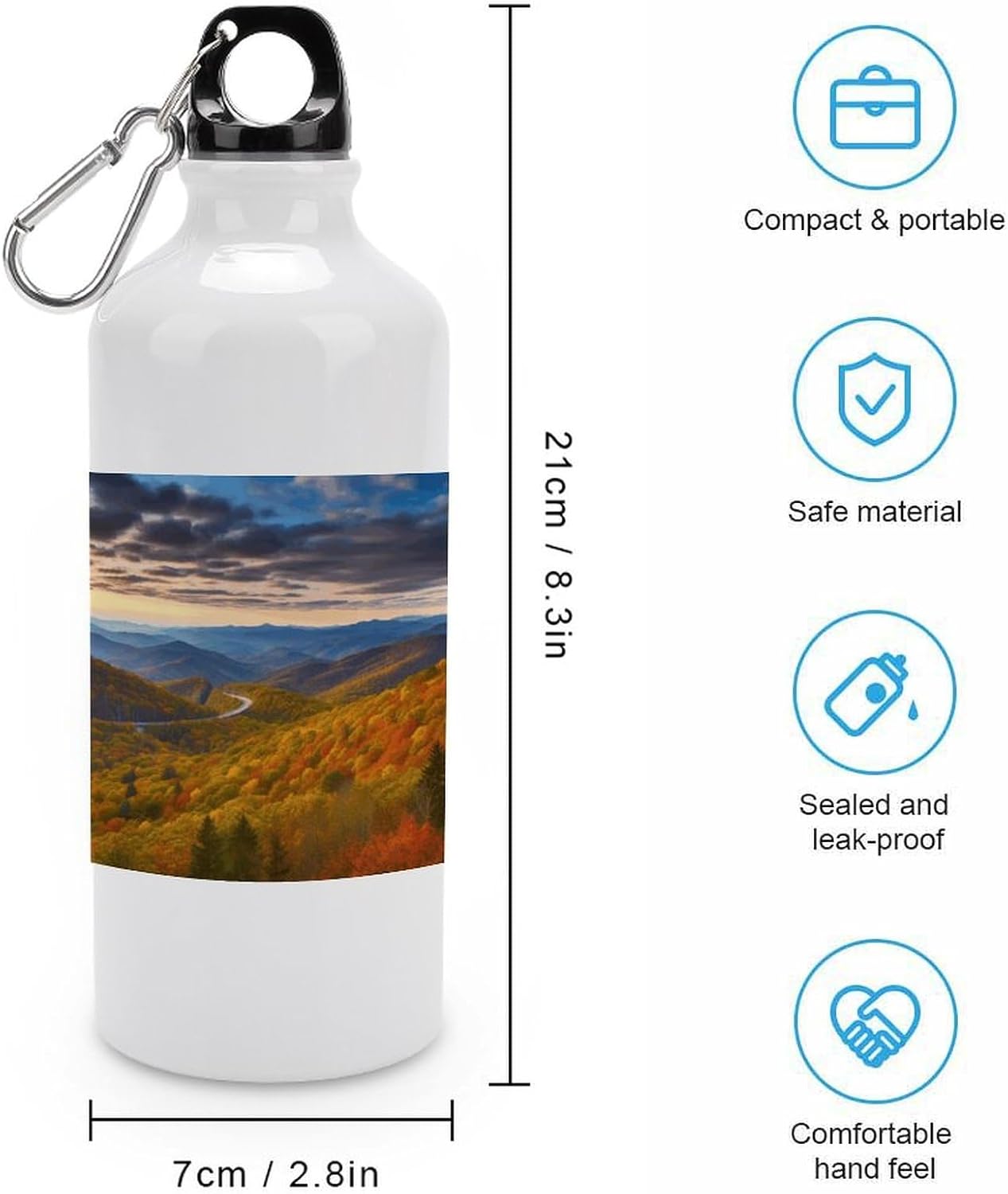 Blue Ridge Parkway Mountains Aluminum Water Bottle with Lid & Hook 600ml Portable Sports Water Bottle Lightweight Leak Proof Metal Travel Water Bottles for Camping Hiking Cycling Outdoor image 2