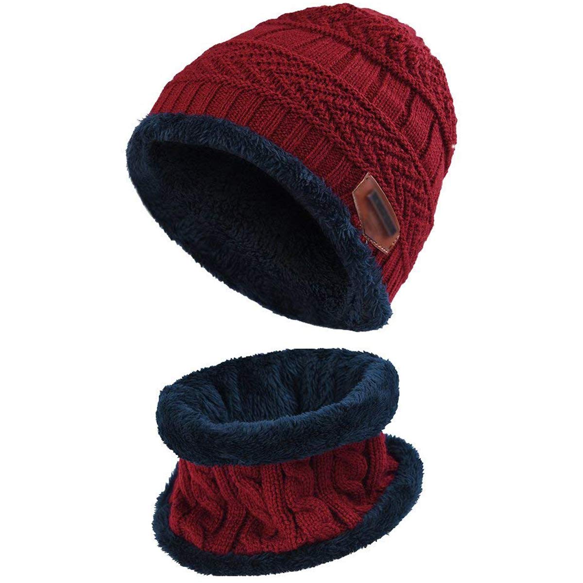 HIDARLINGKids Warm Knitted Beanie Hat and Circle Scarf Set Fleece Liner Skull Cap, Red Wine, M