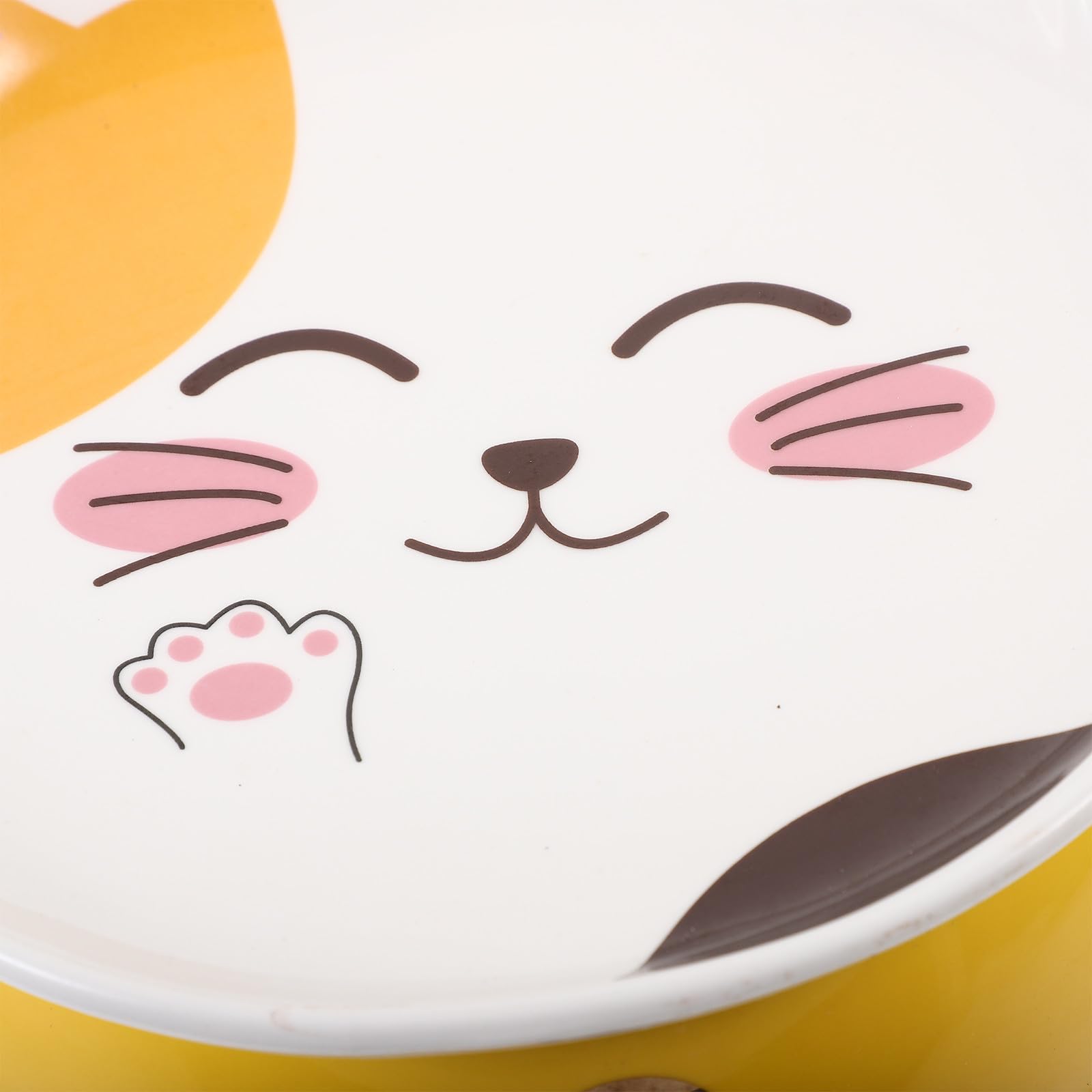 Tazón de Ramen de Gato de Cerámica Tapa, Multiusos para Sopa y Postre, Diseño Amarillo Borde Liso Adecuado para Uso en Casa
