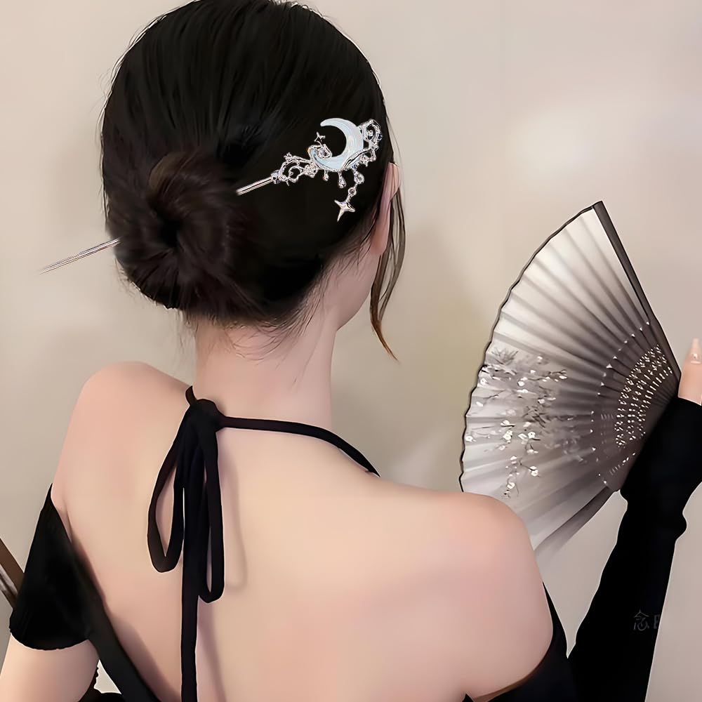 2pcs Star Moon Hair Sticks for Buns Long Hair Metal Silver Hair