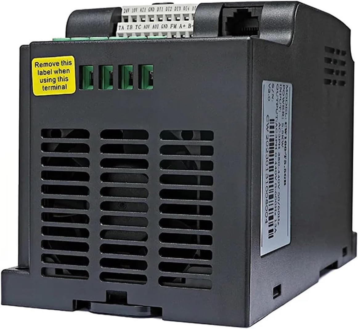 Side view of WENBIXIA CW100 VFD showing cooling vents and warning label