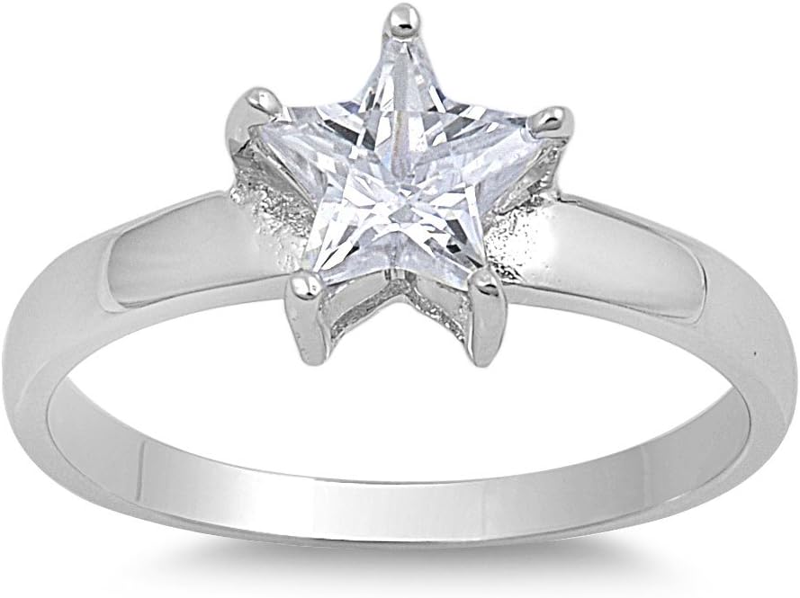 Cubic Zirconia Classic Solitaire Star Ring Sterling Silver