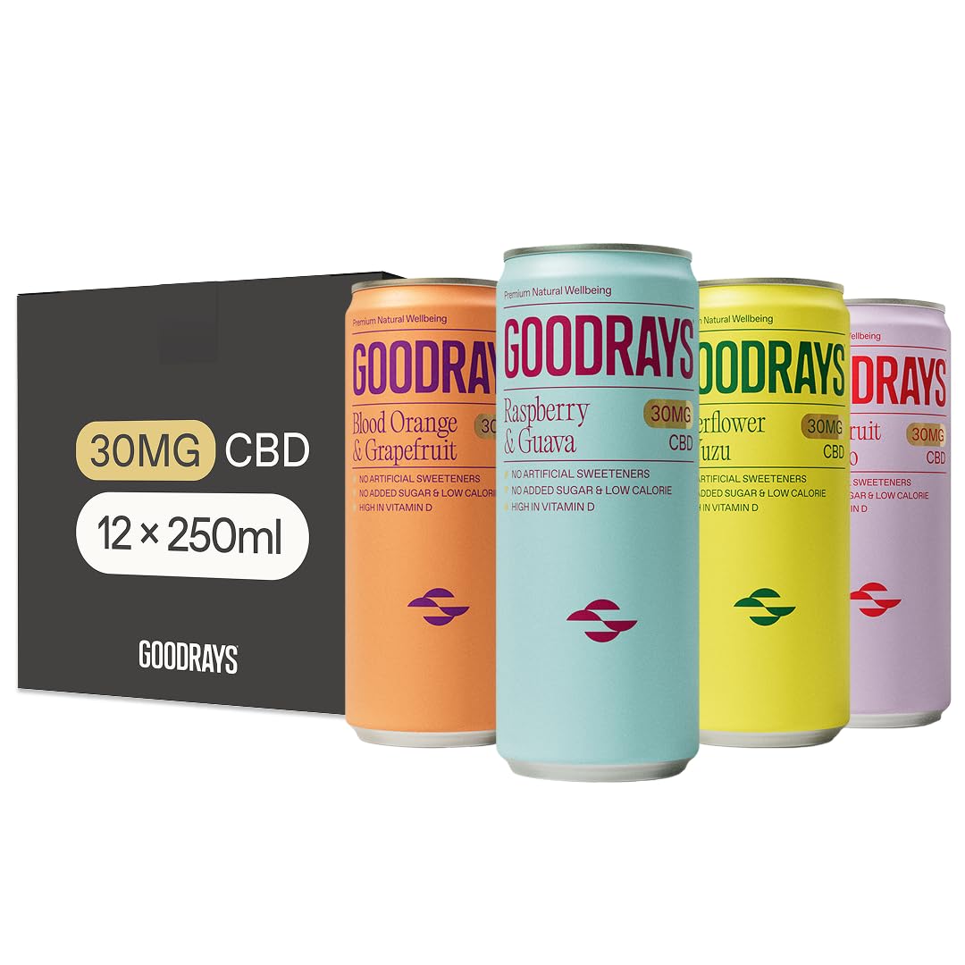 CBD Drinks, Sparkling Low Calorie Soft Drink, Vegan, 4 Flavour Mixed Pack, 12 x 250ml Cans, Packaging May Vary