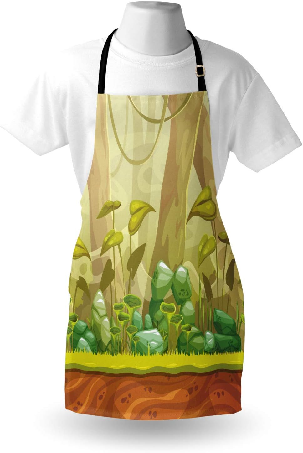 Lunarable Forest Apron, Trippy Leaves Woodland Foliage Plants Eco Environment Jungle Graphic Art, Unisex Kitchen Bib Apron with Adjustable Neck for Cooking Baking Gardening, Cinnamon Avocado Green