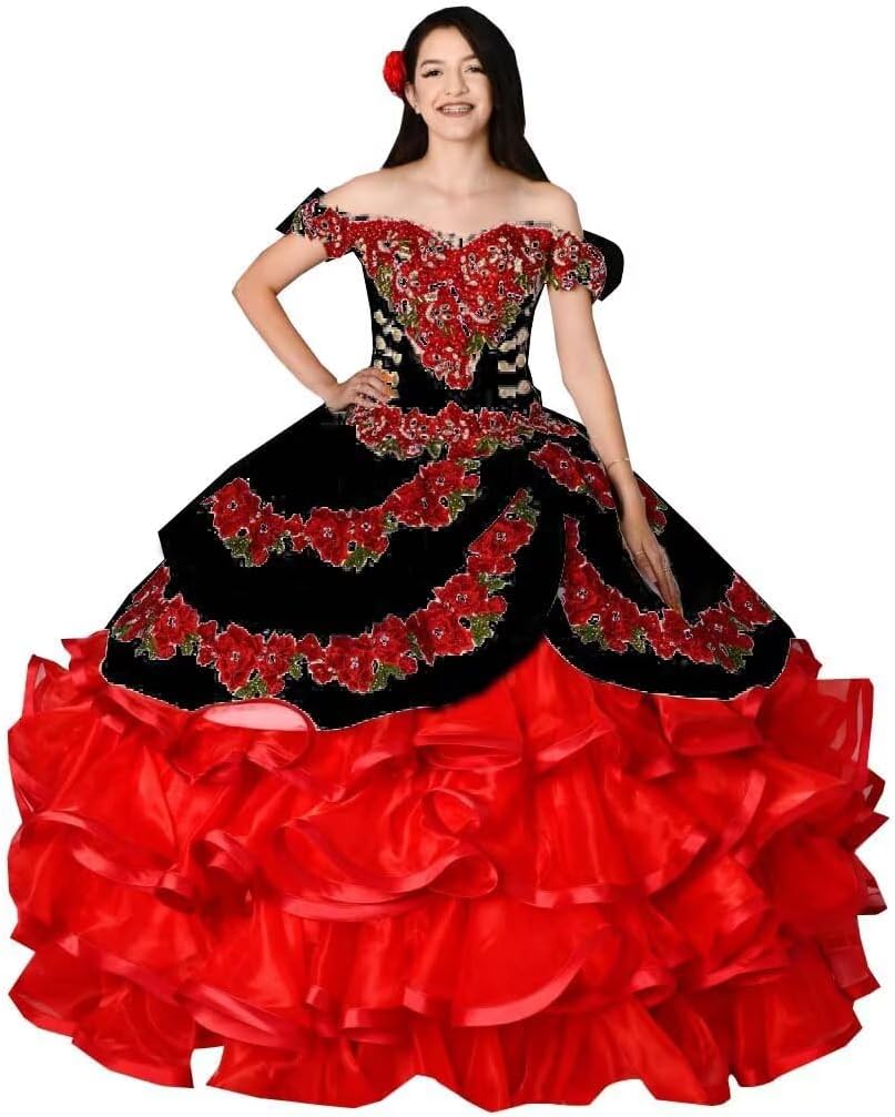 2026 Gold Embellishment Red African Flowers Embroidery 2 in 1 Ball Gown Quinceanera Dresses Off Shoulder Prom Sweet 15 16