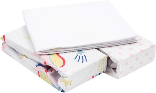 FlyIdeas Bedside Crib Fitted Sheets 3 Pcs Set 90x55 cm | 2 Fitted Sheets & 1 Waterproof Mattress Protector Compatible KinderKraft Neste, Hauck, GRACO, Snuzpod etc | Certified Pure Cotton