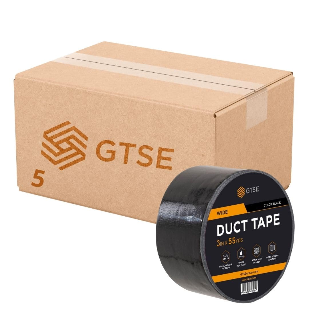 GTSE 5 Rolls 75mm x 50m, Wide Black Duct Tape 3โ Waterproof Strong Adhesive Gaffer Tape for Patching, Sealing, Securing Cables and Labelling, Heavy Duty Tape