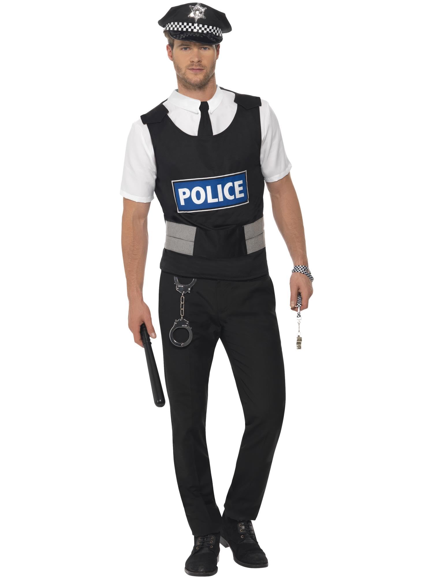 Smiffys Policeman Instant Kit, Black with Vest, Mock Shirt, Hat and Handcuffs, Cops & Robbers Fancy Dress, Cops and Robbers Dress Up Costumes
